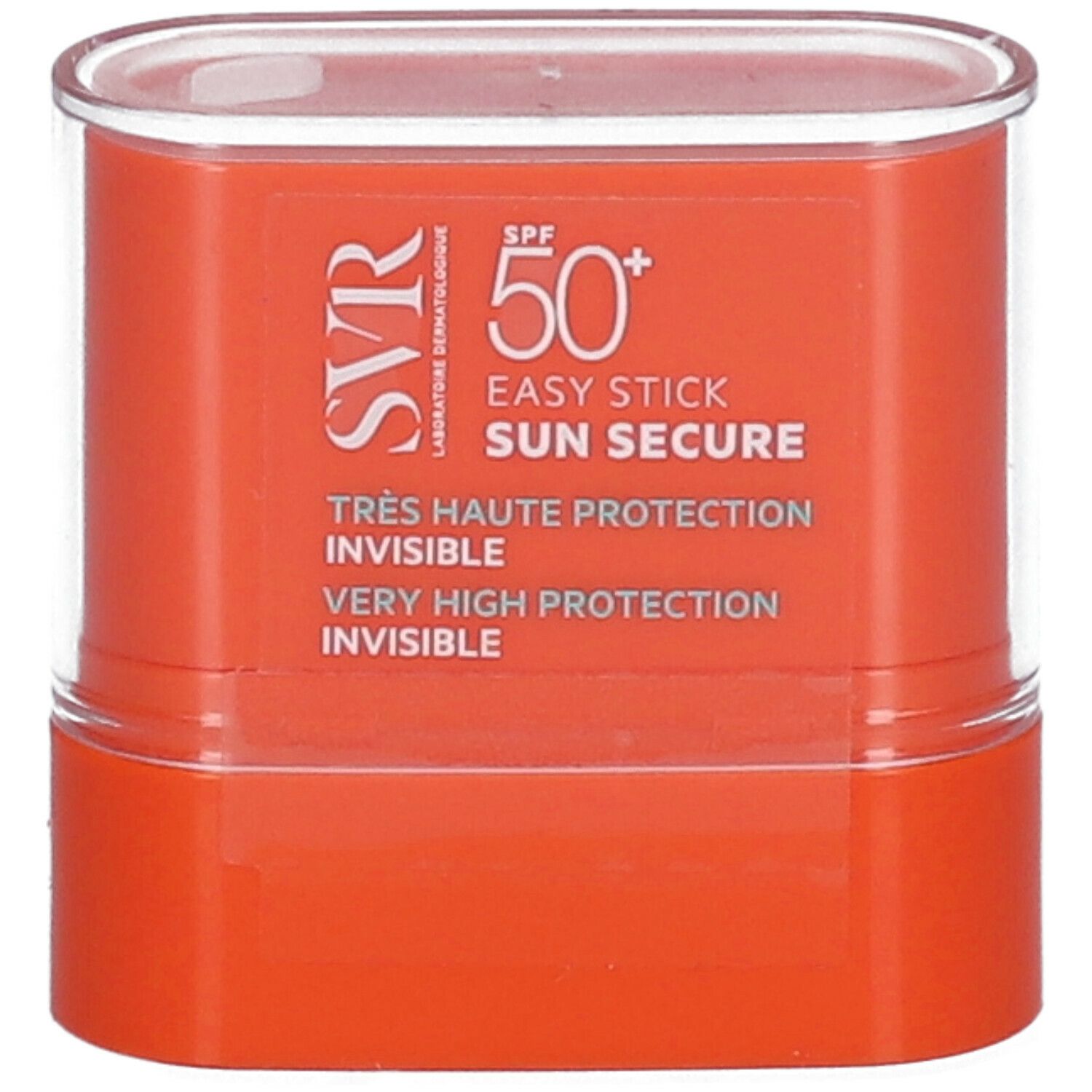 Stick solare SVR Sun Secure SPF50+ arancione con coperchio trasparente. Scritte: SPF 50+, Easy Stick, Sun Secure.