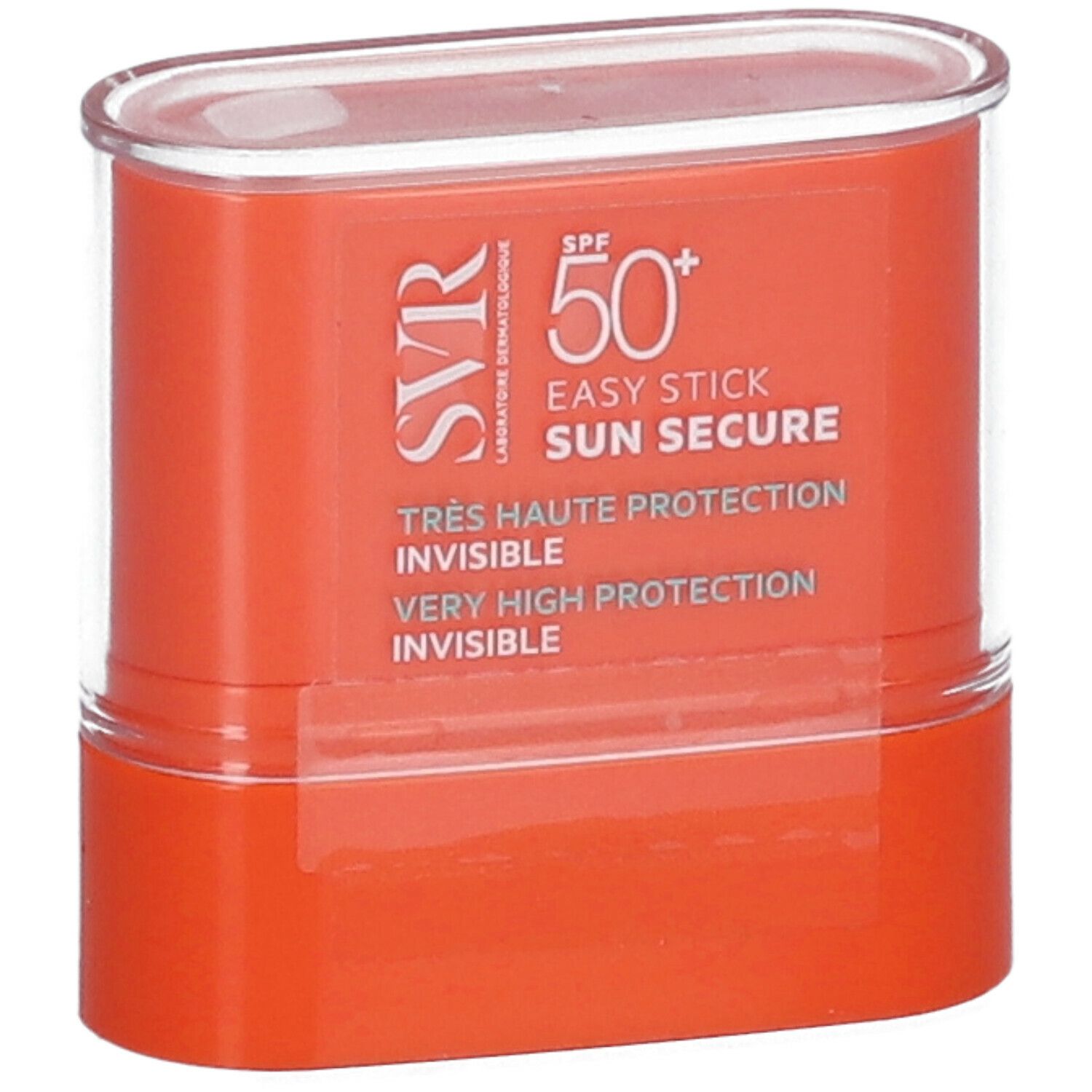 Stick solare SVR Sun Secure SPF50+ arancione con coperchio trasparente. Scritte: SPF 50+, Easy Stick, Sun Secure.