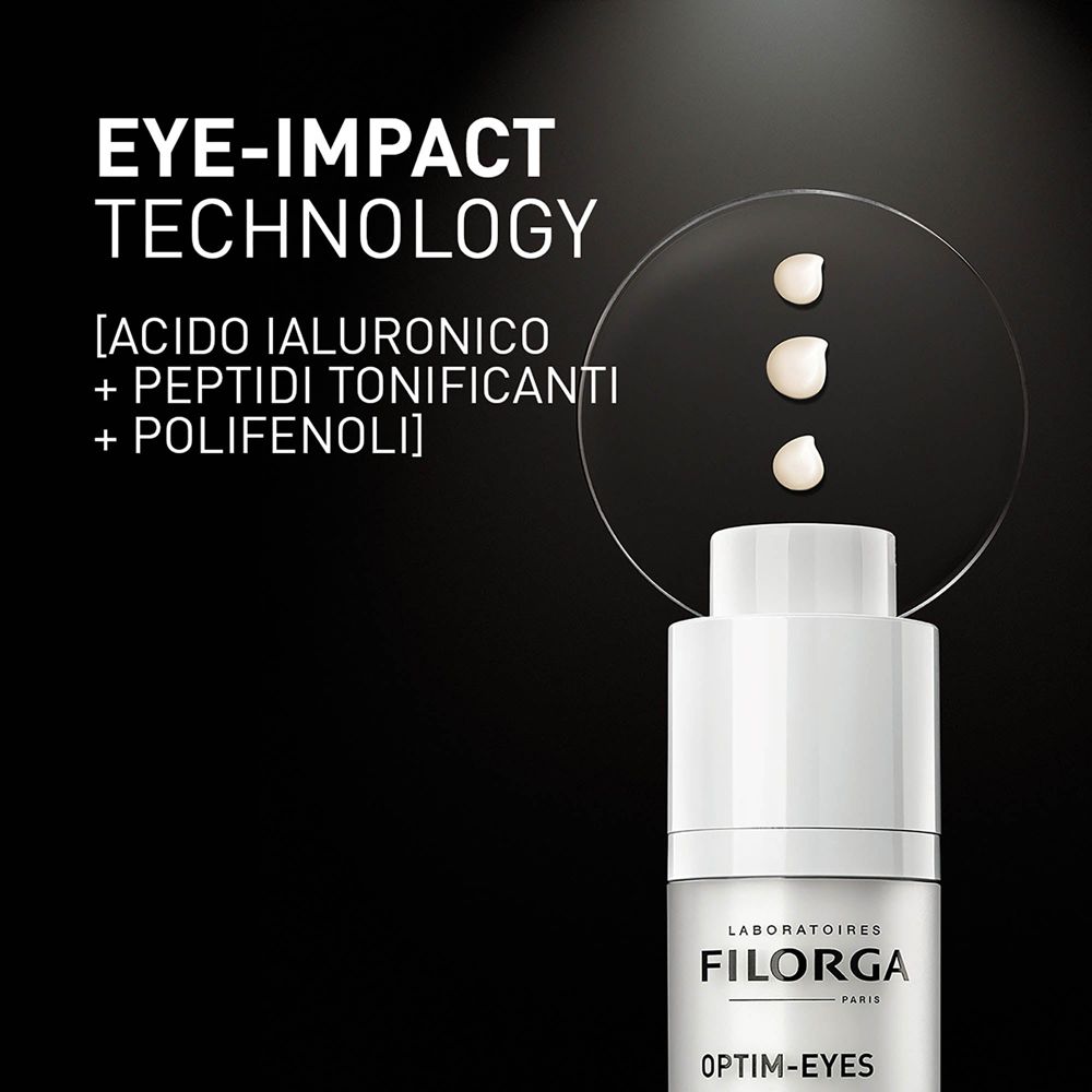 Prodotto con gocce. Testo: EYE-IMPACT TECHNOLOGY. [ACIDO IALURONICO + PEPTIDI TONIFICANTI + POLIFENOLI]. FILORGA OPTIM-EYES.