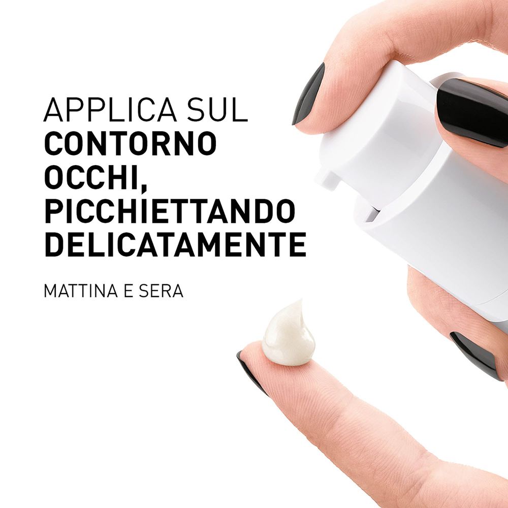 Mano con dito con crema. Testo: APPLICA SUL CONTORNO OCCHI, PICCHIETTANDO DELICATAMENTE. MATTINA E SERA.