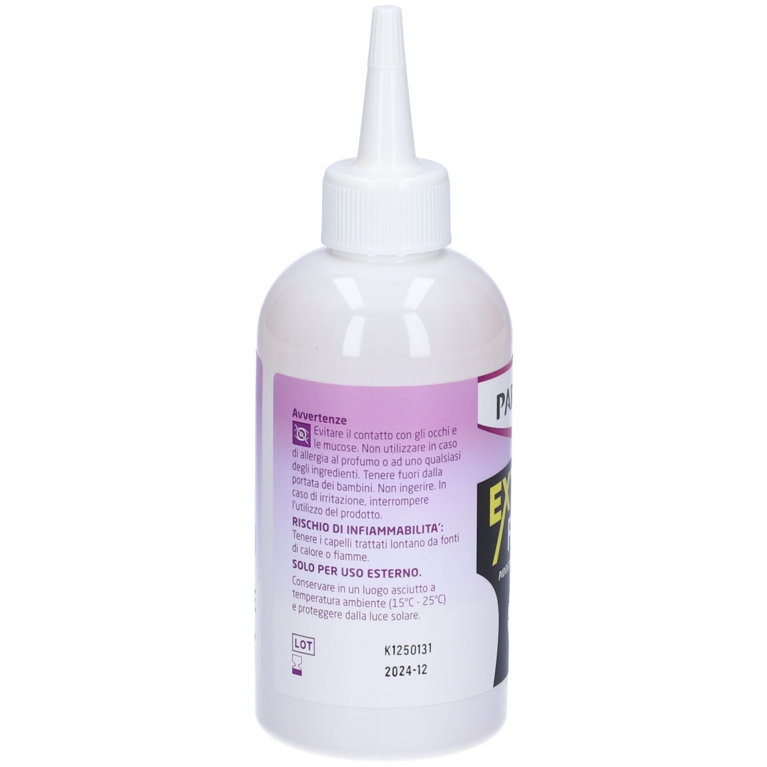 Retro del flacone di PARANIX Shampoo Extra Forte. Testo con avvertenze e informazioni. Contenitore bianco con beccuccio.