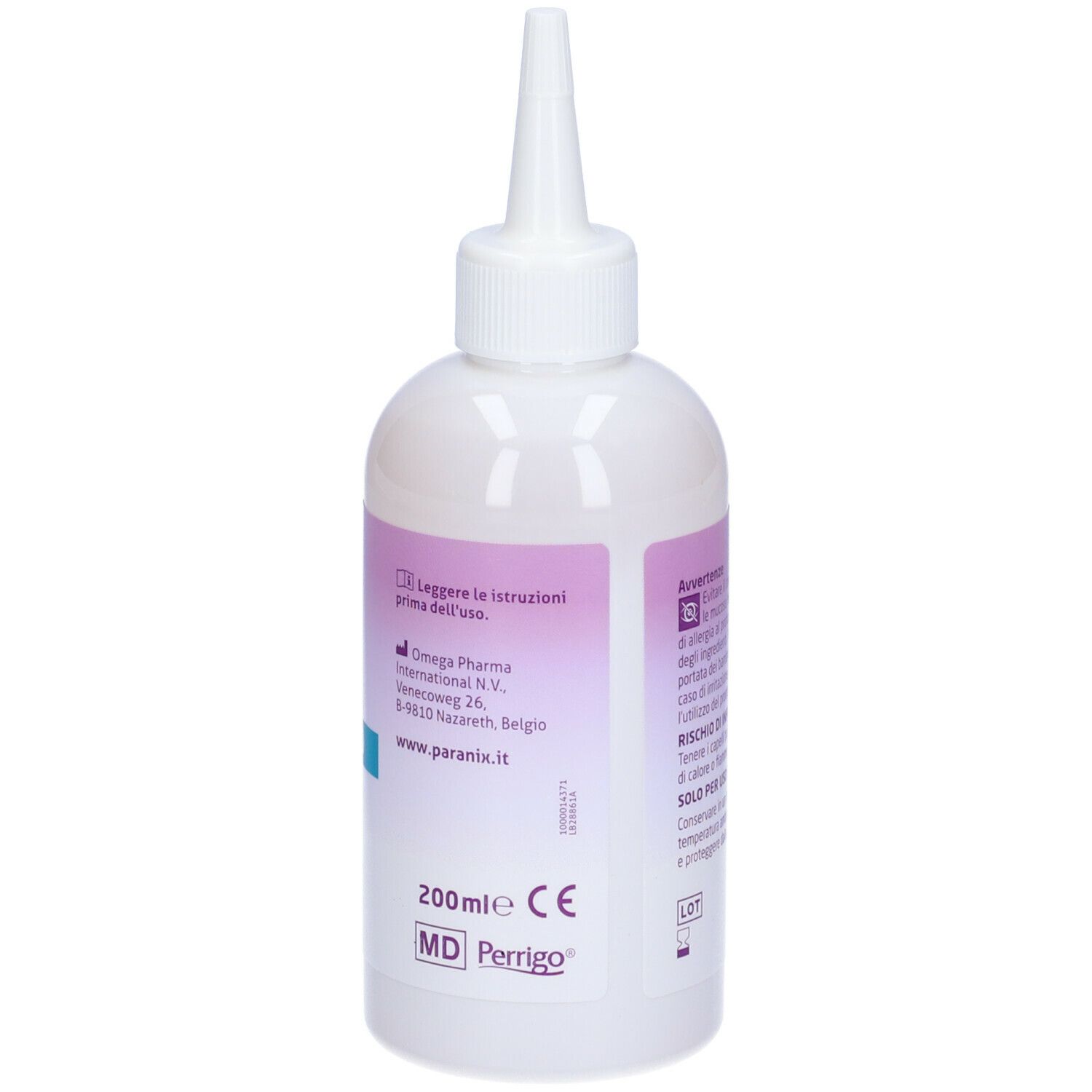 Retro del flacone di PARANIX Shampoo Extra Forte. Testo informativo. Contenitore bianco con beccuccio. Volume: 200ml.