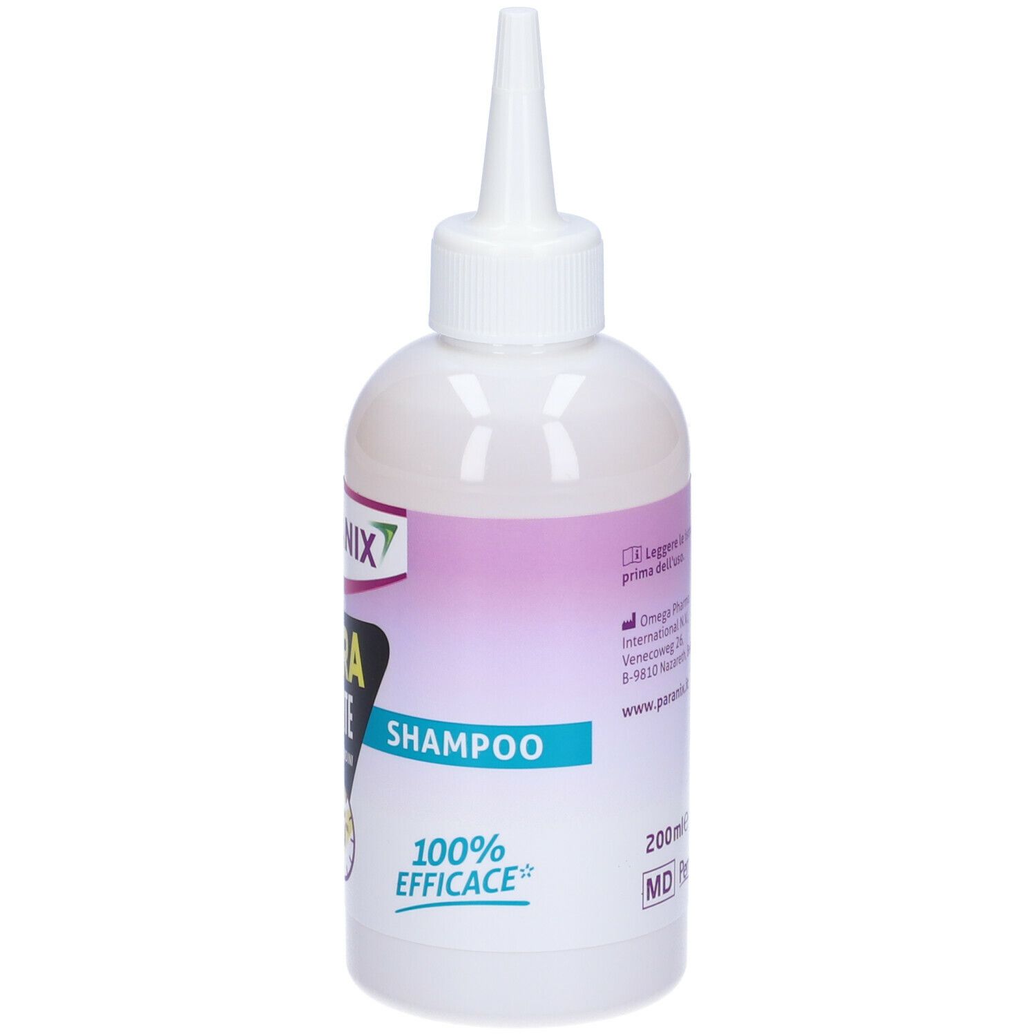 Flacone di PARANIX Shampoo Extra Forte. Contenitore bianco con beccuccio. Scritte: EXTRA FORTE, Shampoo, 100% efficace. Volume: 200ml.
