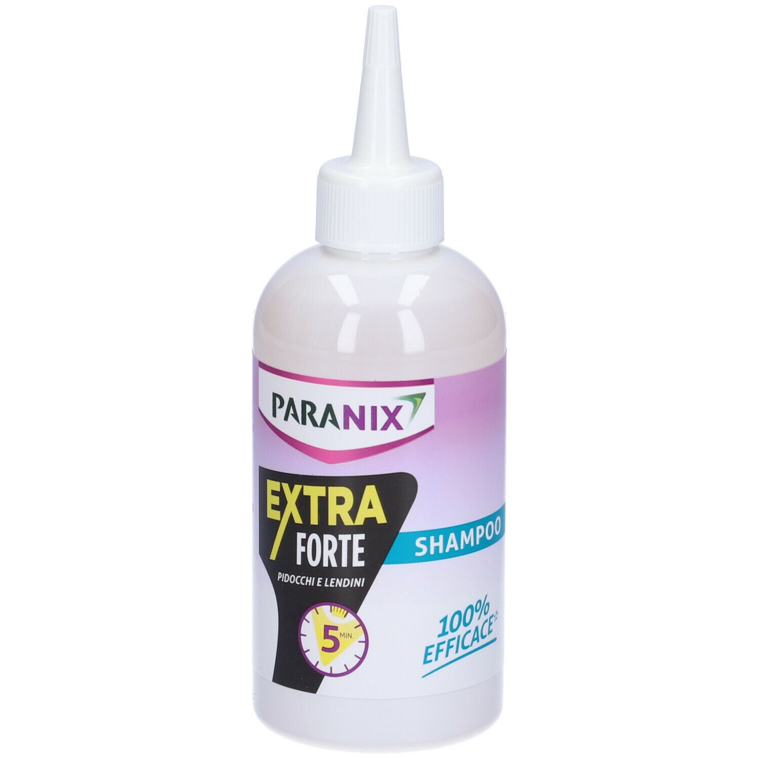 Flacone di PARANIX Shampoo Extra Forte. Contenitore bianco con beccuccio. Scritte: EXTRA FORTE, Shampoo, 100% efficace.