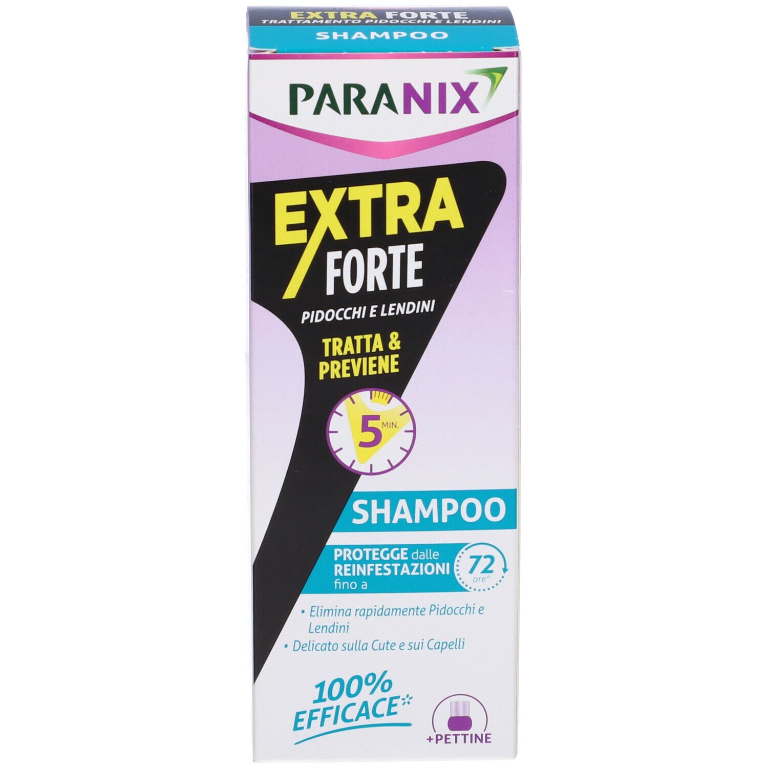 Confezione di PARANIX Shampoo Extra Forte. Scritte: EXTRA FORTE, Shampoo. Contiene informazioni e un'immagine di un pettine.