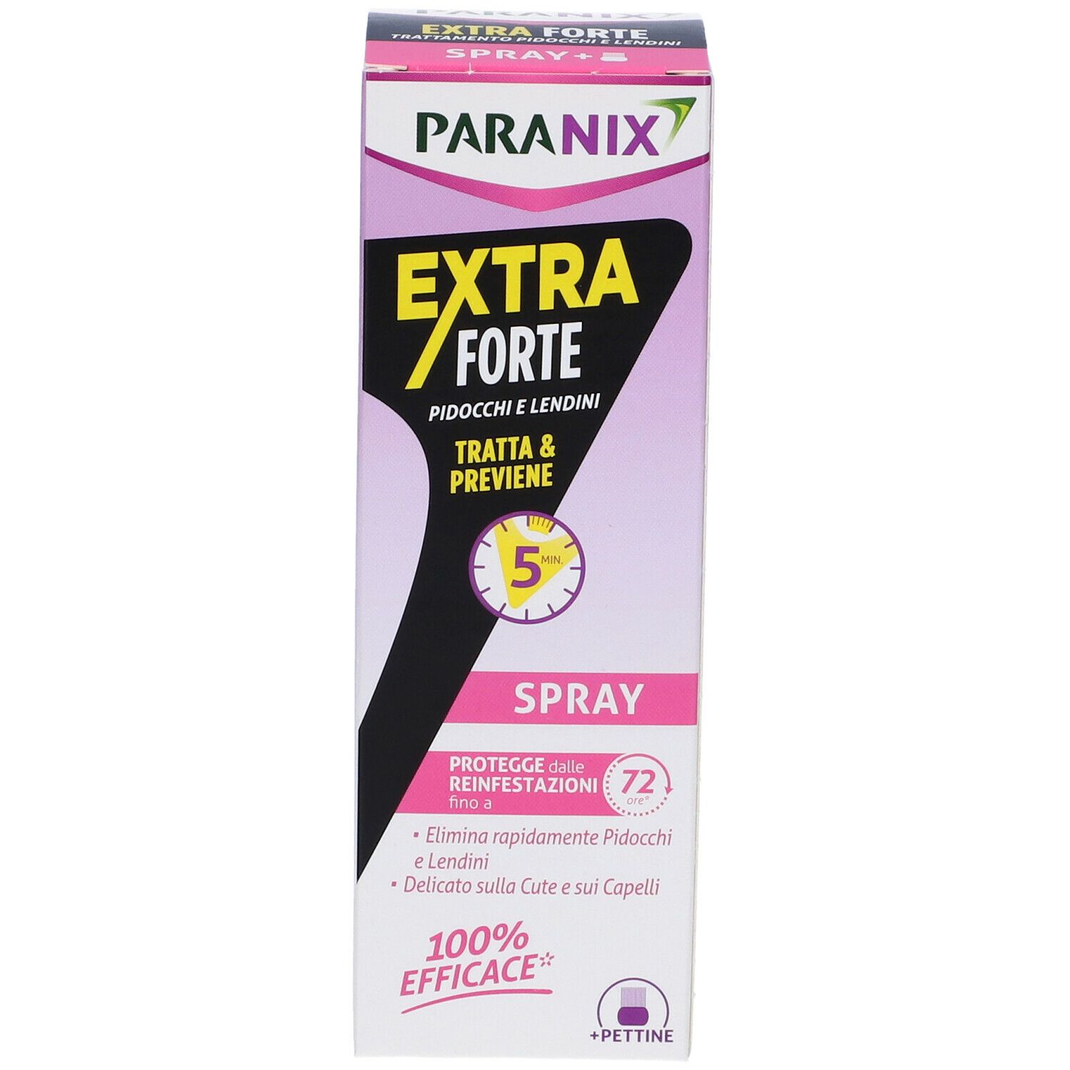 Scatola PARANIX Spray Extra Forte. Testo: EXTRA FORTE, contro pidocchi e lendini, protegge fino a 72 ore. 100% efficace.