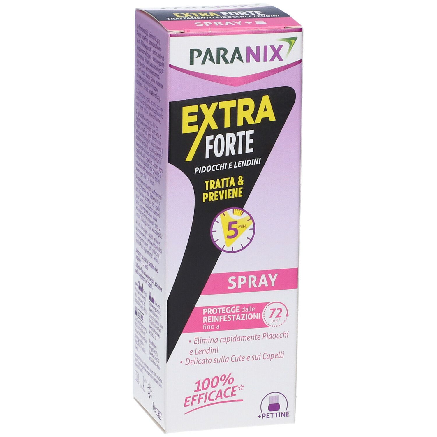 Scatola PARANIX Spray Extra Forte. Testo: EXTRA FORTE, contro pidocchi e lendini, protegge fino a 72 ore. 100% efficace.