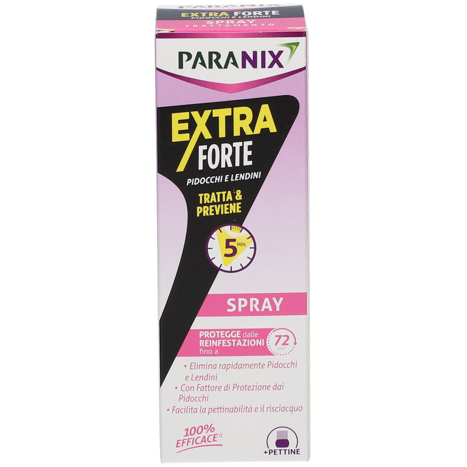 Scatola PARANIX Spray Extra Forte. Testo: EXTRA FORTE, contro pidocchi e lendini, protegge fino a 72 ore. 100% efficace. Con pettine.