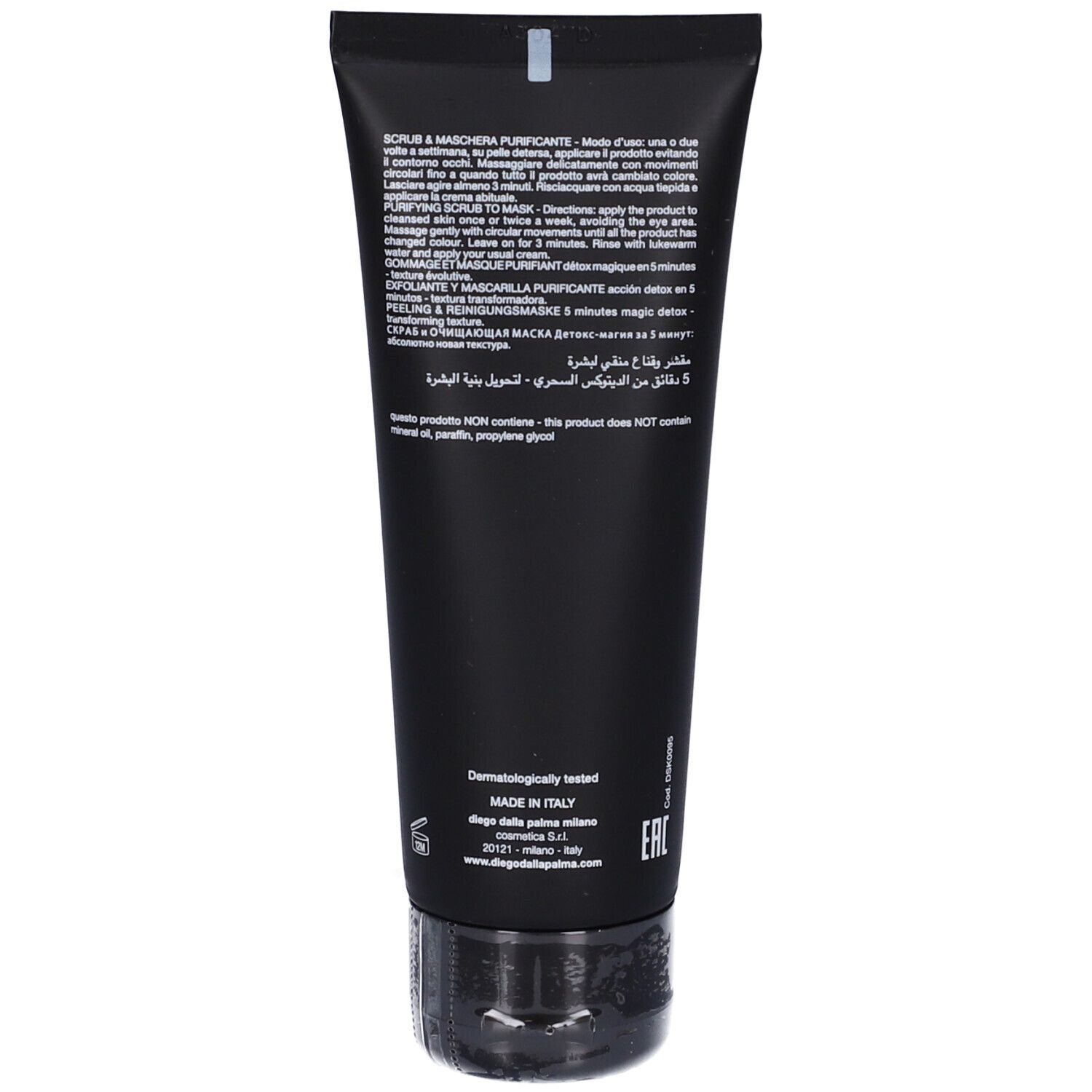 Retro del tubo nero. Testo multilingue. Scritto: Dermatologicamente testato. Prodotto in Italia.