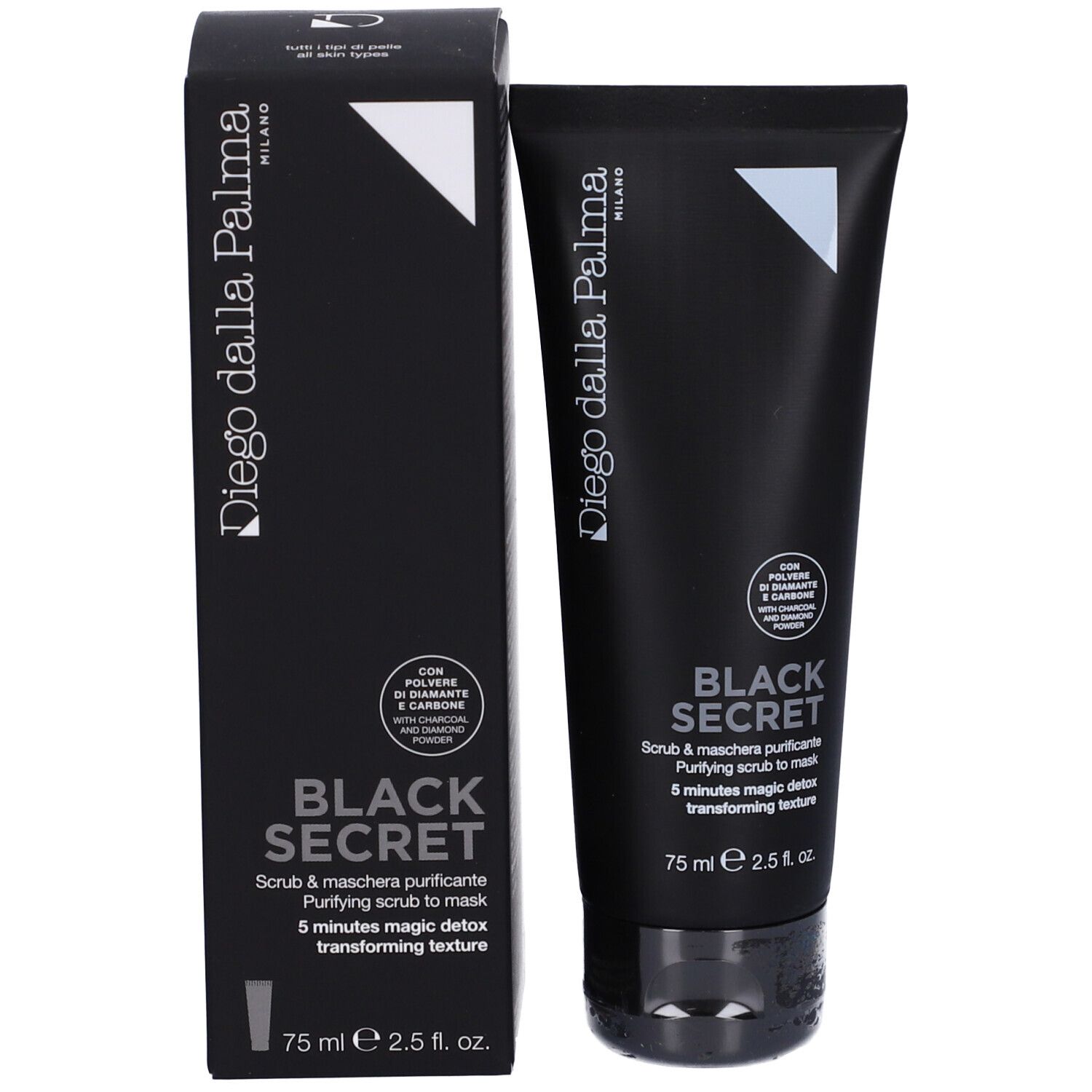Confezione del prodotto. Scatola e tubo neri. Scritto: Diego dalla Palma, BLACK SECRET, Scrub & Maschera Purificante. 75 ml.