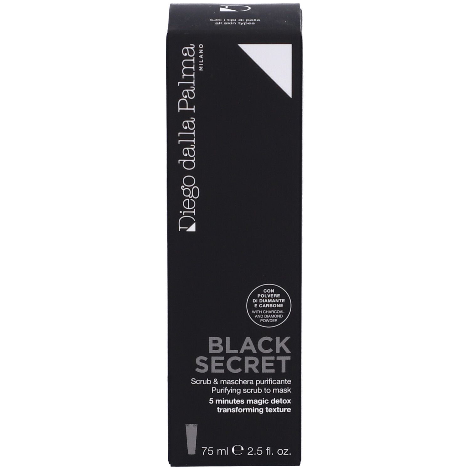 Scatola nera. Scritto: Diego dalla Palma, BLACK SECRET, Scrub & Maschera Purificante. Contenuto: 75 ml.