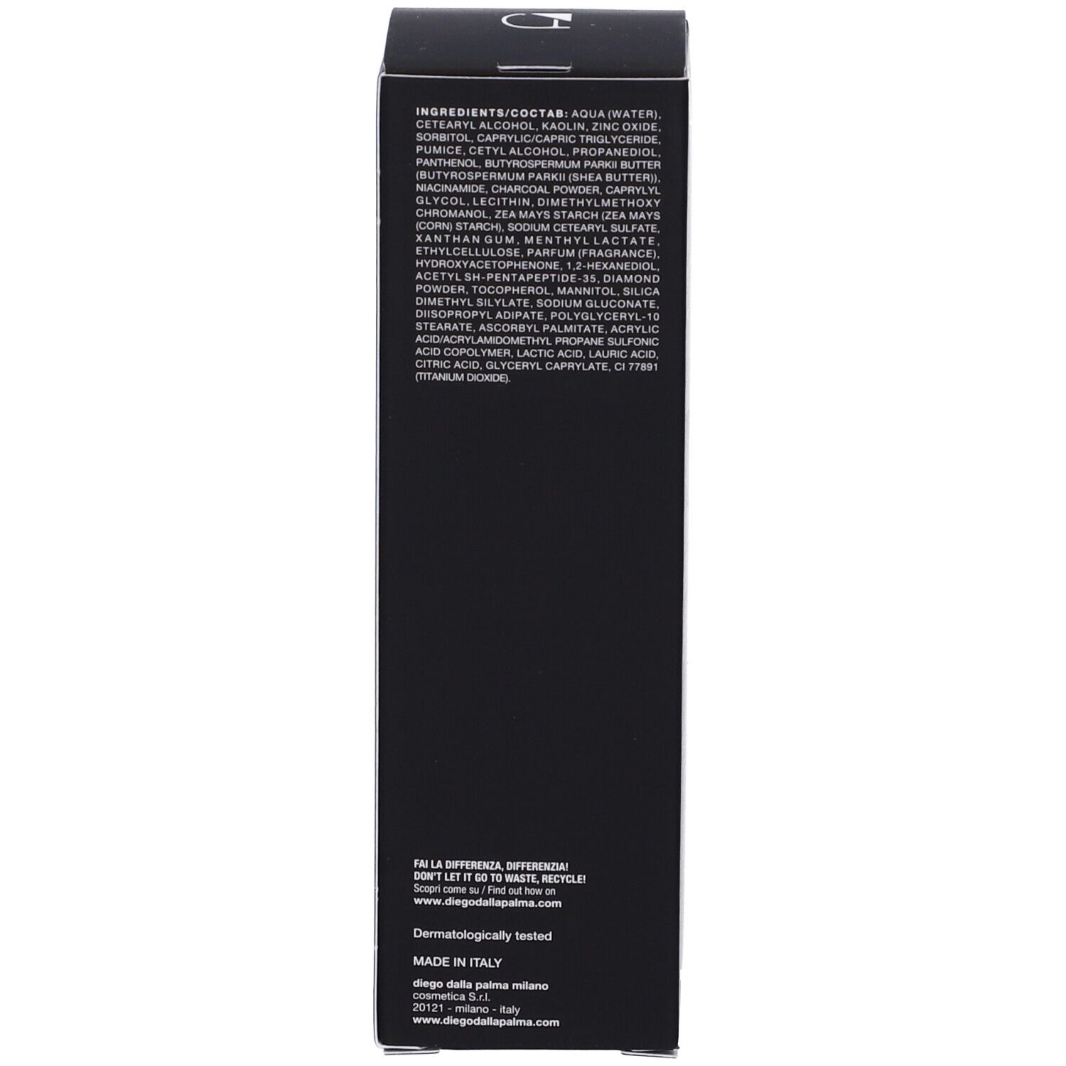 Lato della confezione. Elenco degli ingredienti. Scritto: Dermatologicamente testato. Prodotto in Italia.