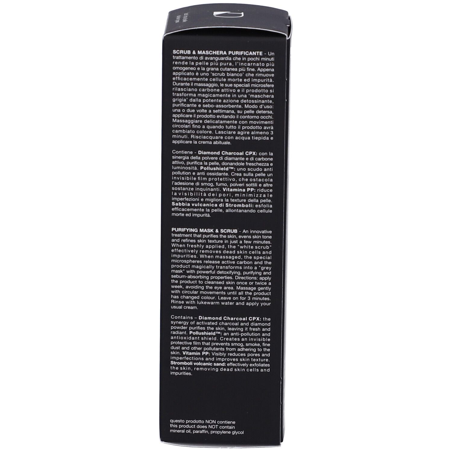 Lato della confezione. Descrizione del prodotto. Contiene Diamond Charcoal CPS e Polishedad.