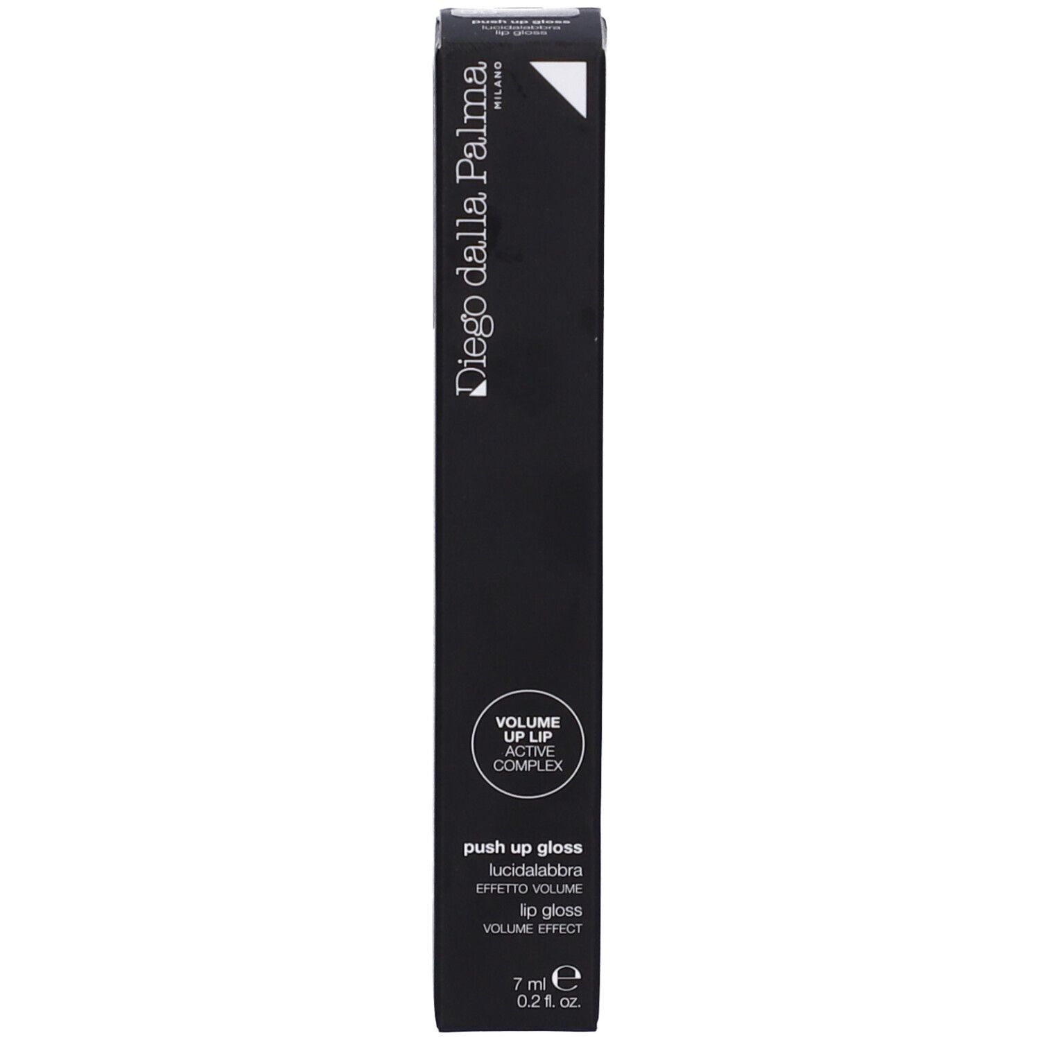 Confezione nera con informazioni sul prodotto. Marca Diego dalla Palma. Testo: Push Up Gloss, Effetto Volume. 7 ml.