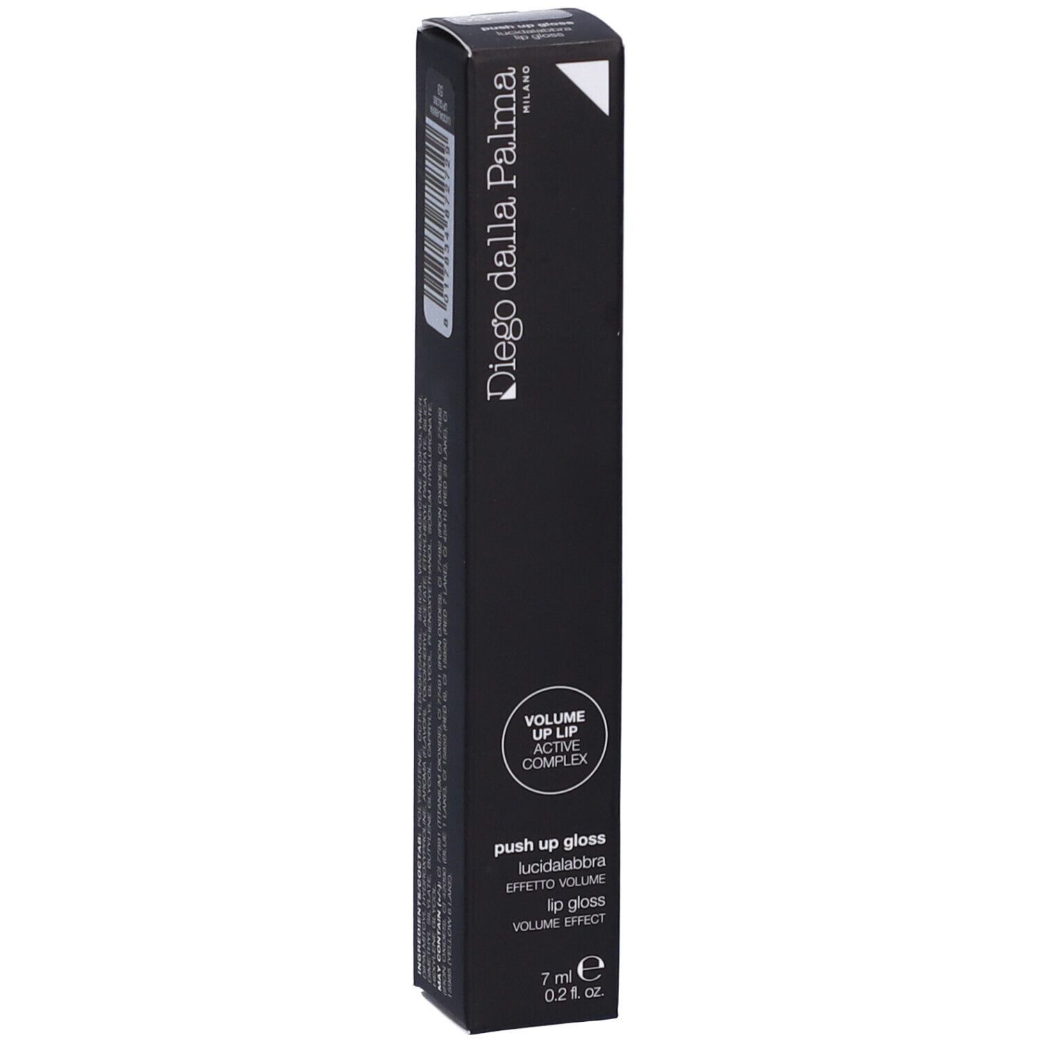 Confezione nera con informazioni sul prodotto. Marca Diego dalla Palma. Testo: Push Up Gloss, Effetto Volume. 7 ml.