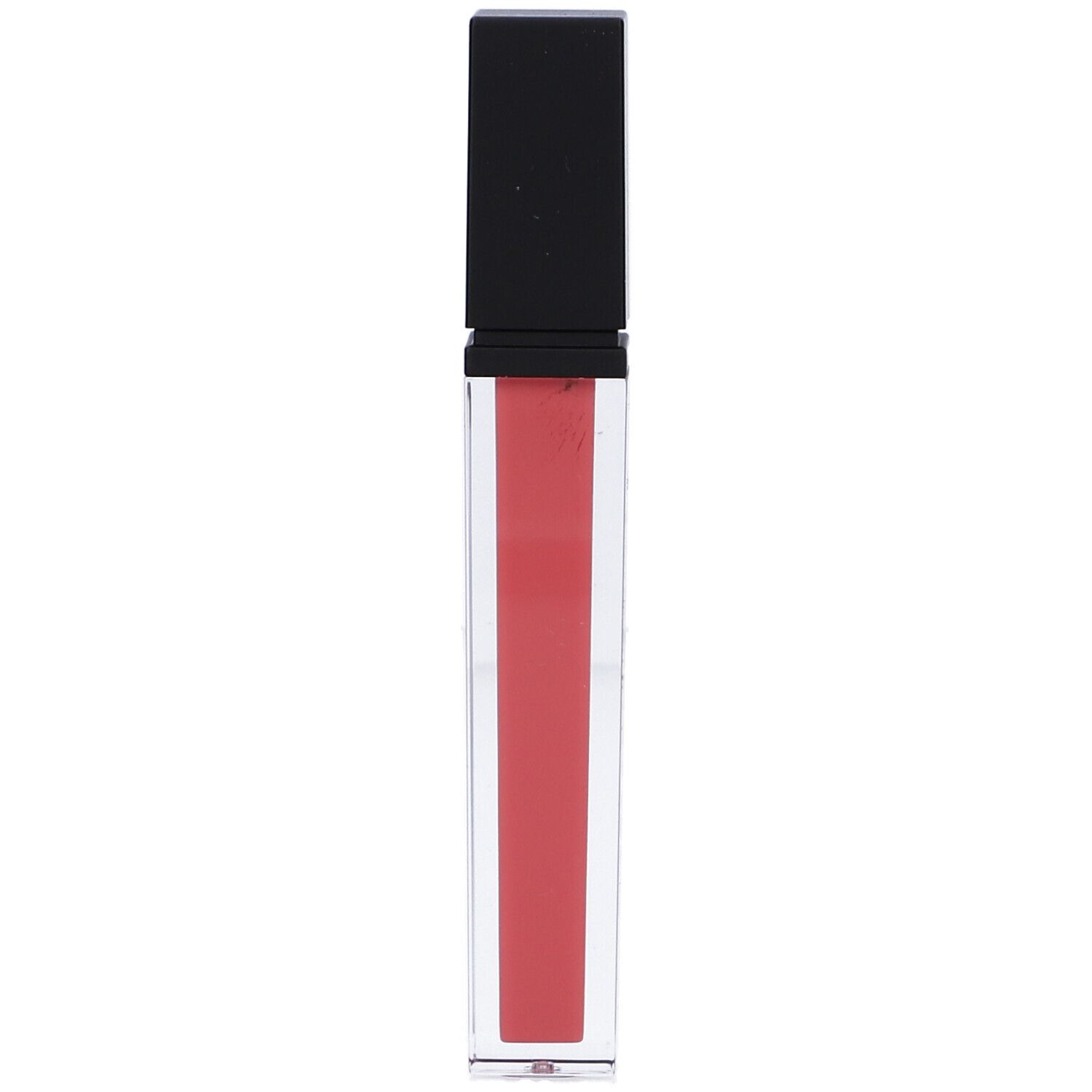 Lucidalabbra trasparente con tappo nero. Il lucidalabbra è rosa.