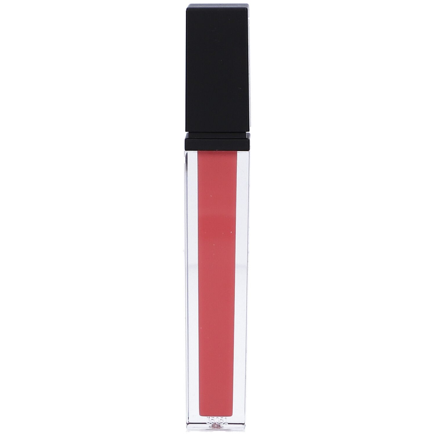 Lucidalabbra trasparente con tappo nero. Il lucidalabbra è rosa.