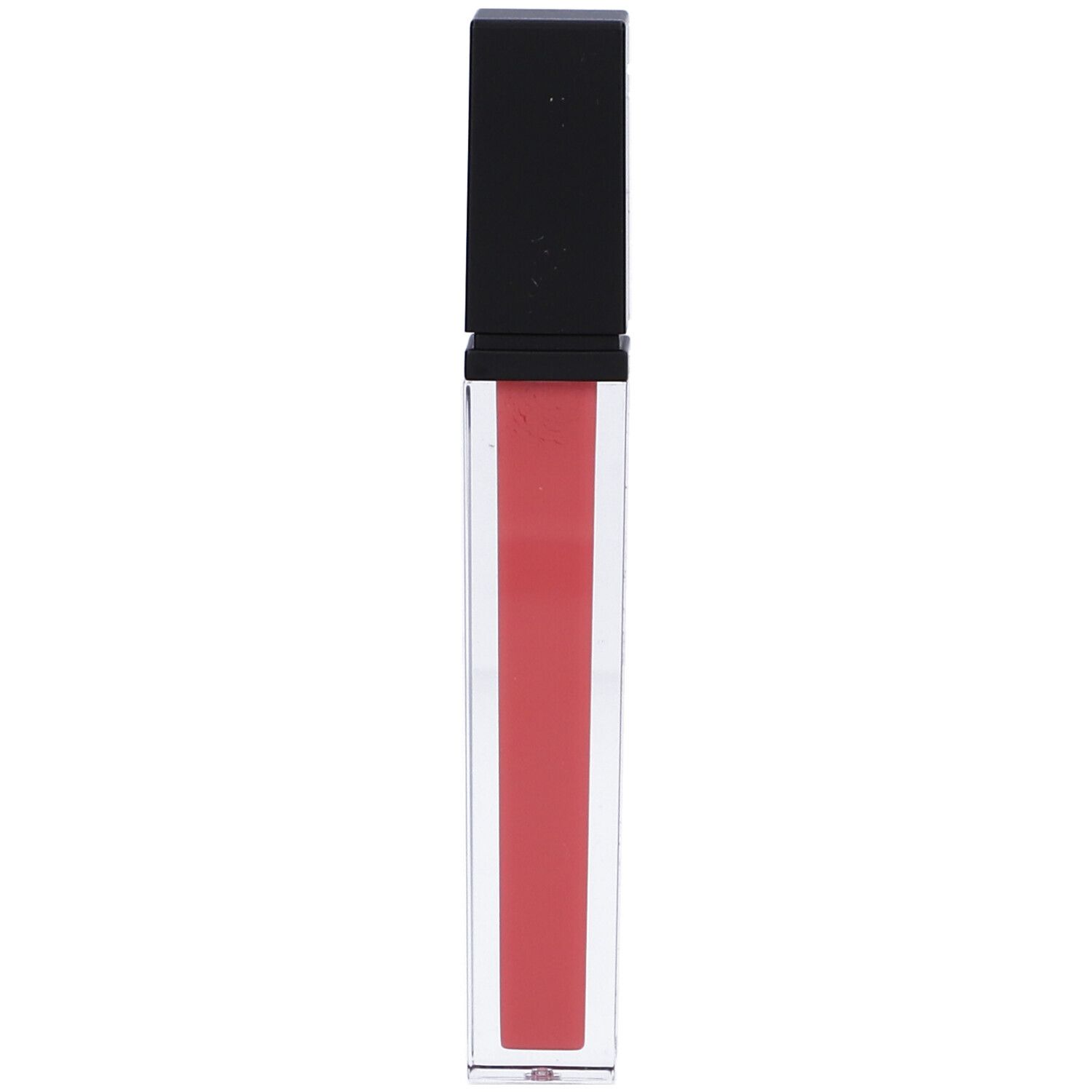 Lucidalabbra trasparente con tappo nero. Il lucidalabbra è rosa.