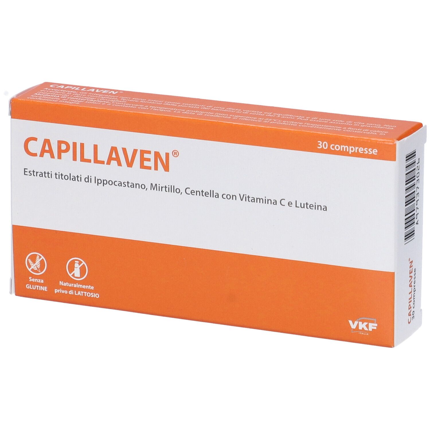Scatola Capillaven, arancione e bianca. Testo: 30 compresse. Ingredienti: Ippocastano, Mirto, Centella, Vitamina C. Senza glutine, senza lattosio.