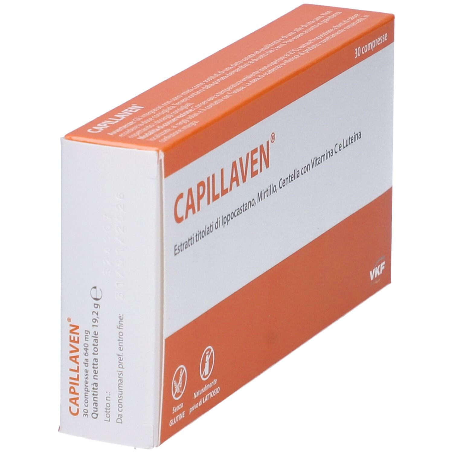 Scatola Capillaven, arancione e bianca. Testo: 30 compresse. Ingredienti: Ippocastano, Mirto, Centella, Vitamina C. Senza glutine, senza lattosio.
