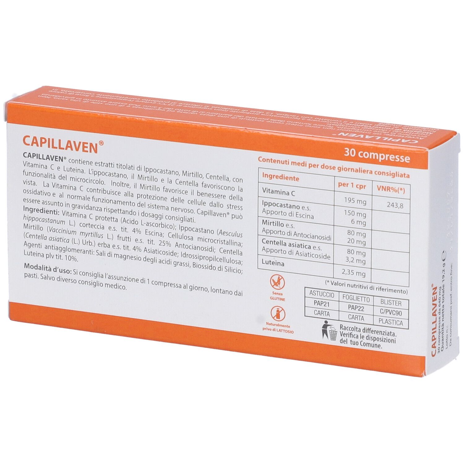 Retro della scatola Capillaven. Testo: 30 compresse. Elenco ingredienti, informazioni nutrizionali. Senza glutine, senza lattosio. Informazioni sul riciclaggio.