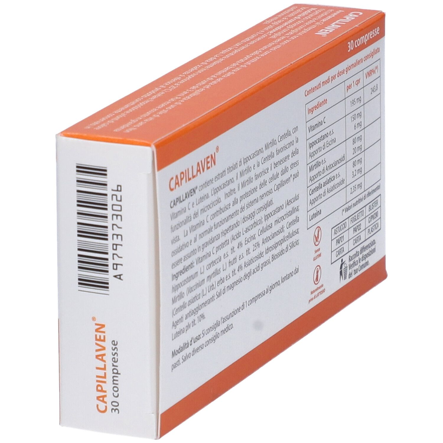 Retro della scatola Capillaven. Testo: 30 compresse. Elenco ingredienti, informazioni nutrizionali. Senza glutine, senza lattosio. Informazioni sul riciclaggio.