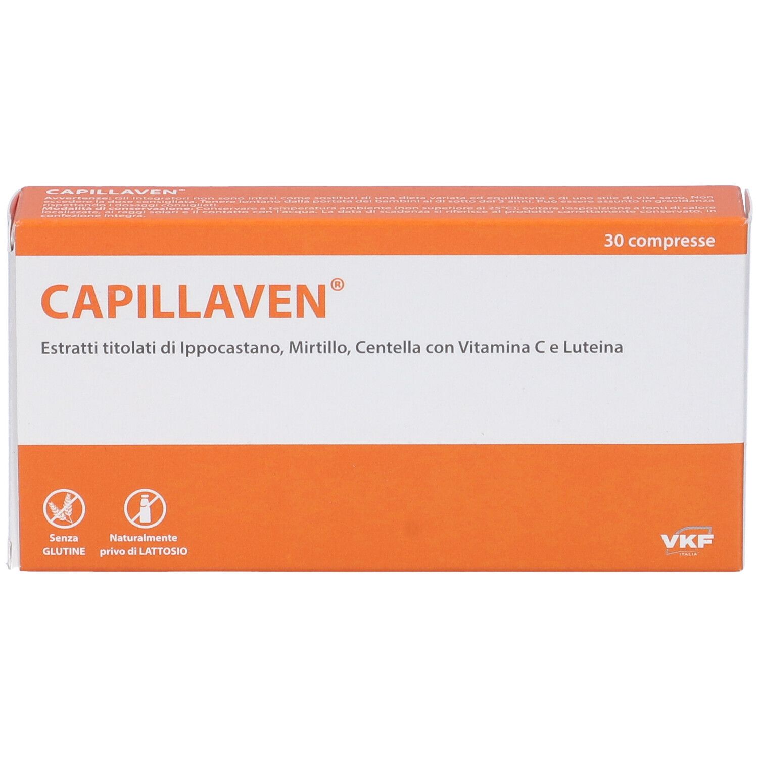 Scatola Capillaven, arancione e bianca. Testo: 30 compresse. Ingredienti: Ippocastano, Mirto, Centella, Vitamina C. Senza glutine, senza lattosio.