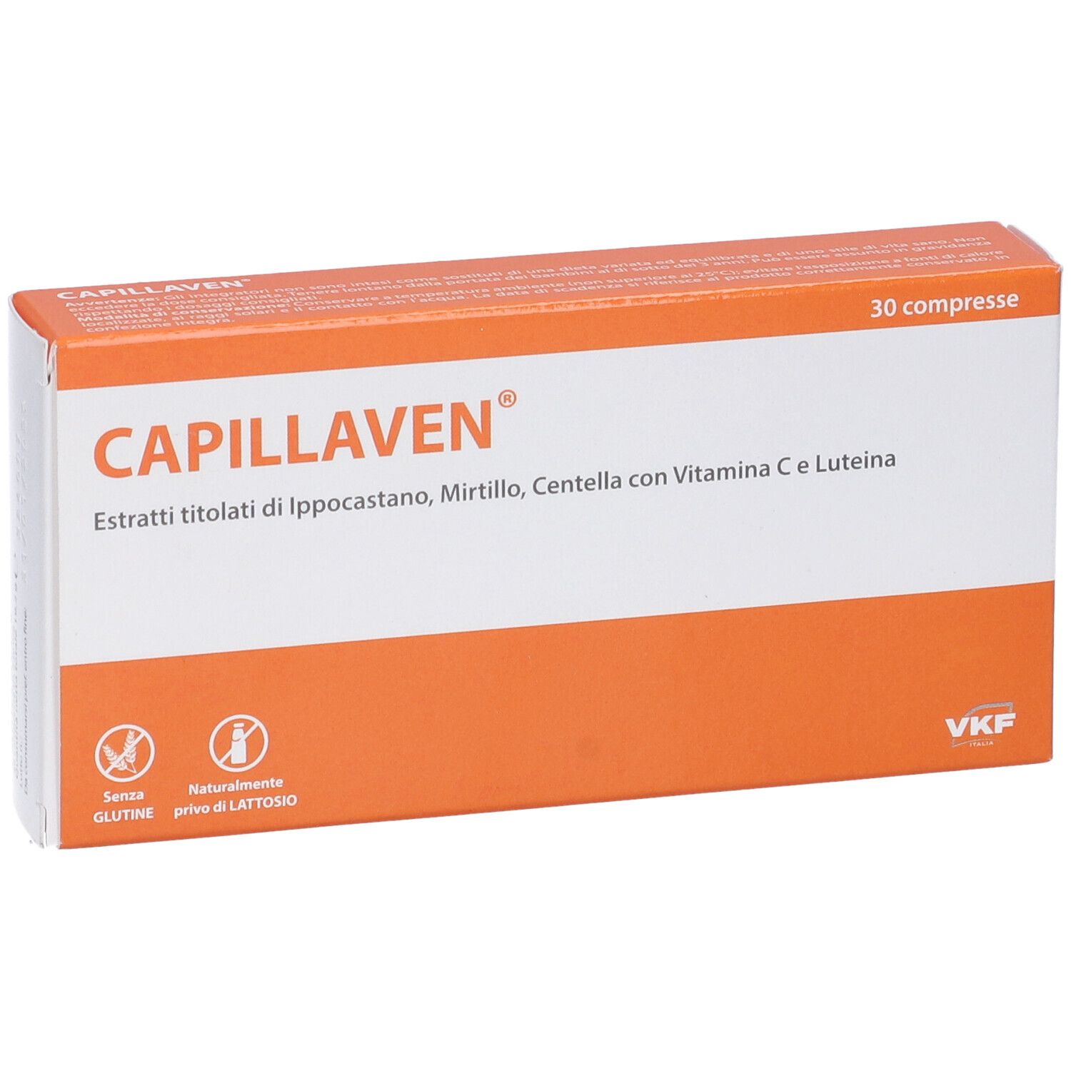 Scatola Capillaven, arancione e bianca. Testo: 30 compresse. Ingredienti: Ippocastano, Mirto, Centella, Vitamina C. Senza glutine, senza lattosio.