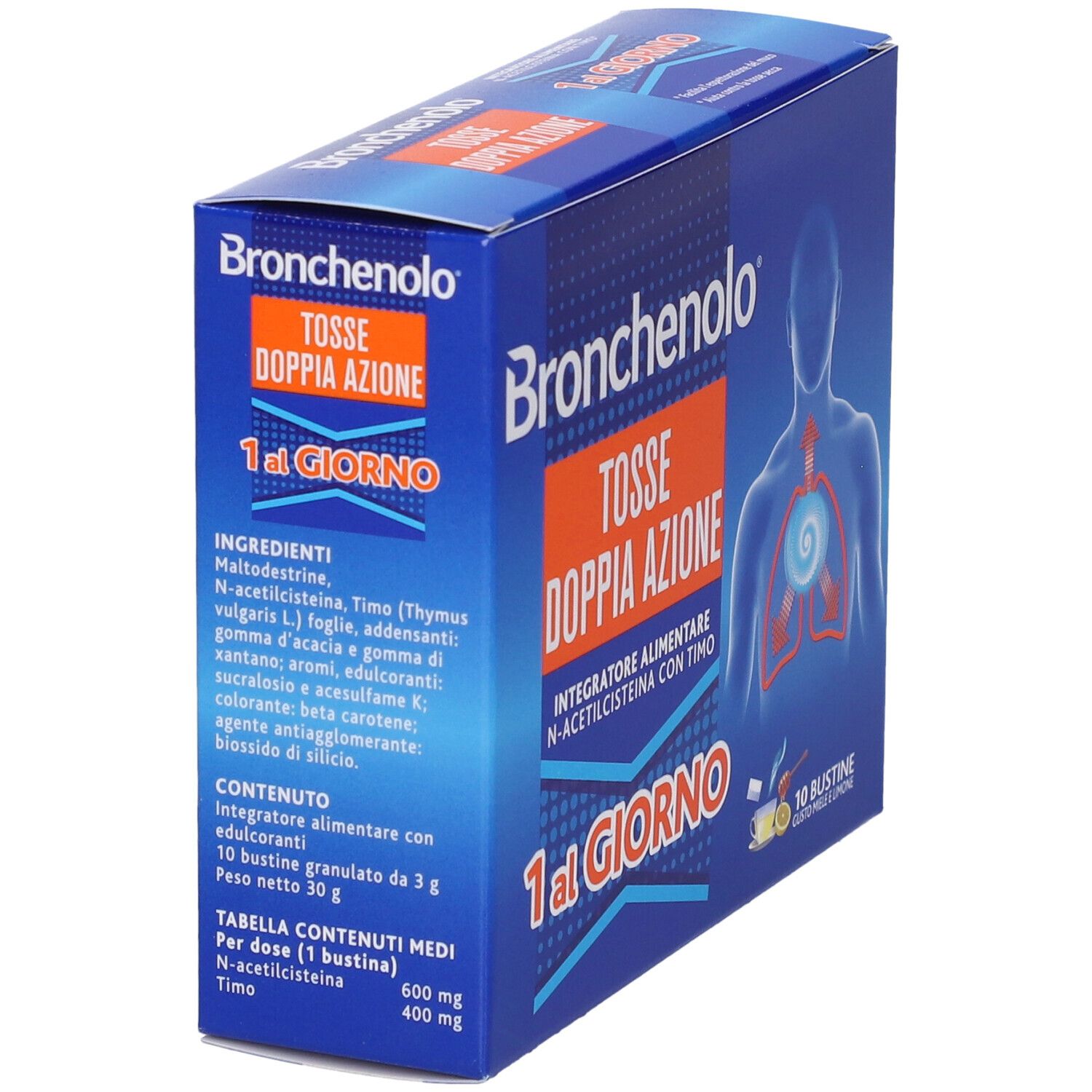 Scatola blu. Testo: Bronchenolo Tosse Doppia Azione, 1 al Giorno. Elenco ingredienti e tabella nutrizionale.