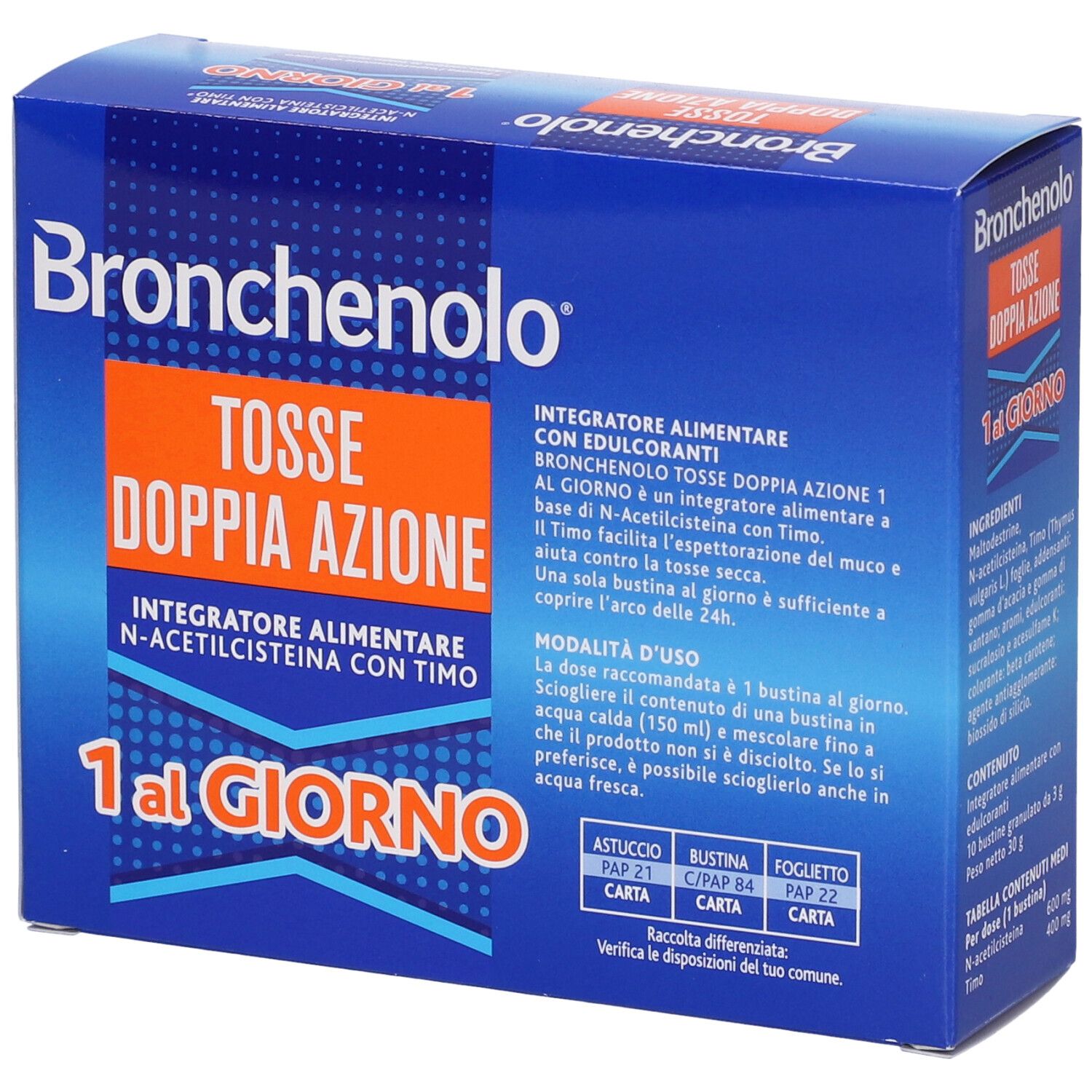 Scatola blu. Testo: Bronchenolo Tosse Doppia Azione, 1 al Giorno. Istruzioni per l'uso e ingredienti.