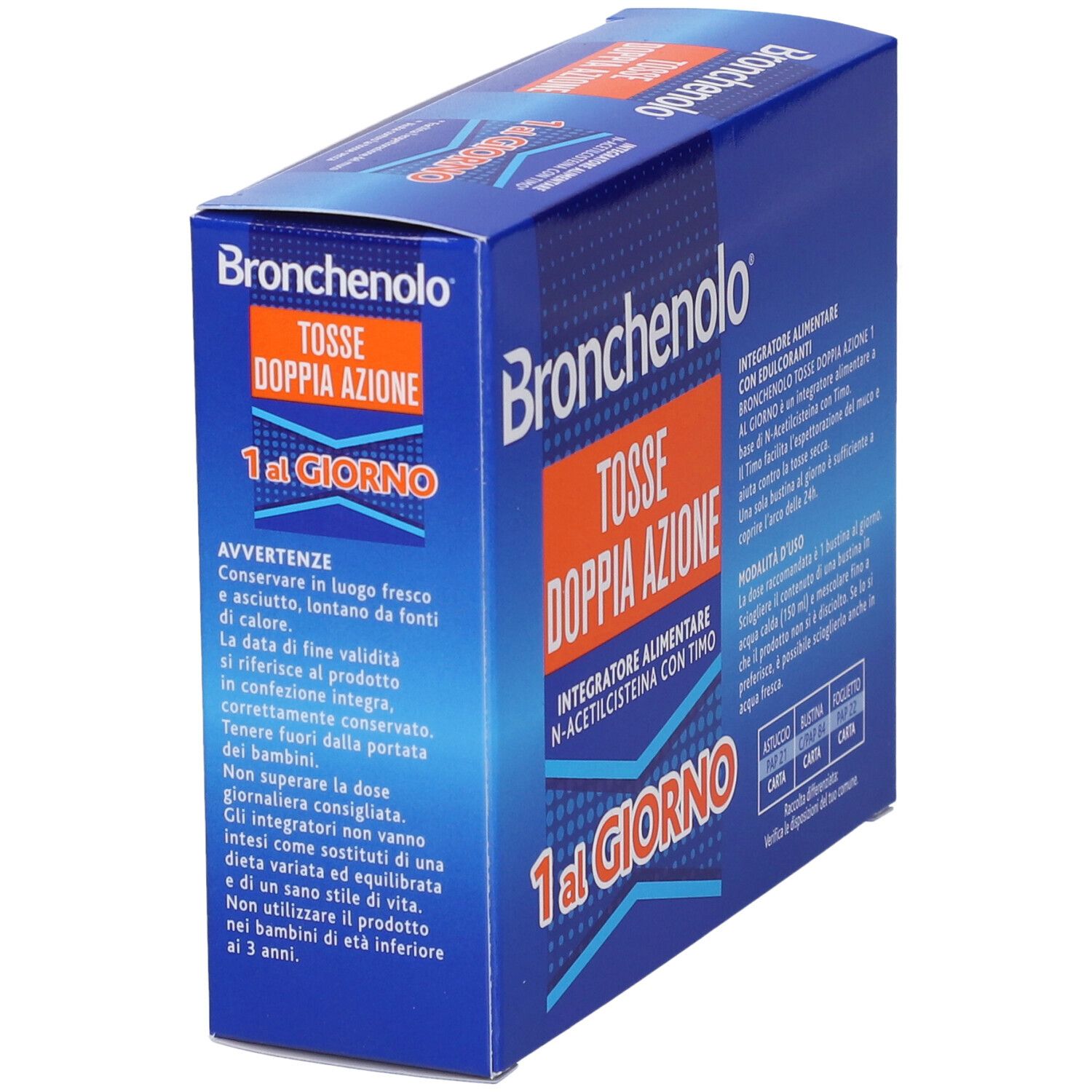 Scatola blu. Testo: Bronchenolo Tosse Doppia Azione, 1 al Giorno. Avvertenze e data di scadenza.