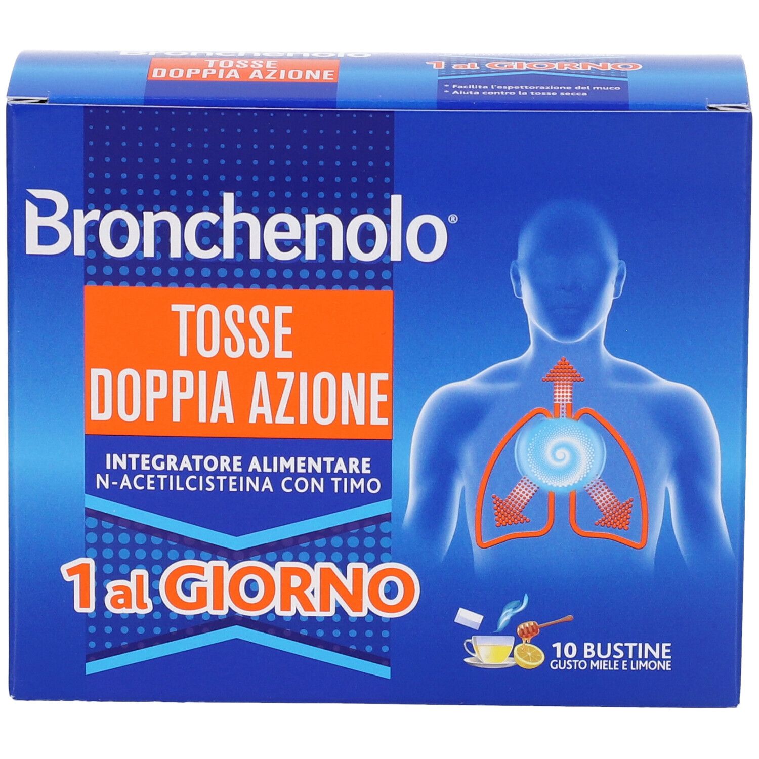 Scatola blu. Testo: Bronchenolo Tosse Doppia Azione, 1 al Giorno. 10 bustine, gusto miele e limone.