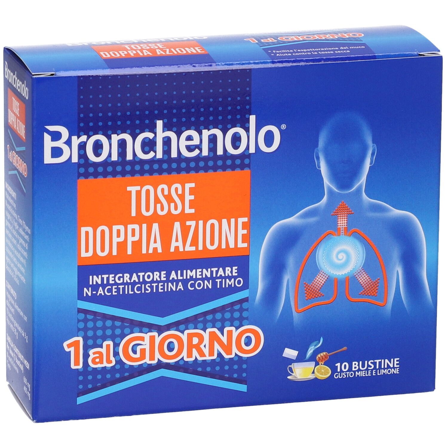 Scatola blu. Testo: Bronchenolo Tosse Doppia Azione, 1 al Giorno. 10 bustine, gusto miele e limone.