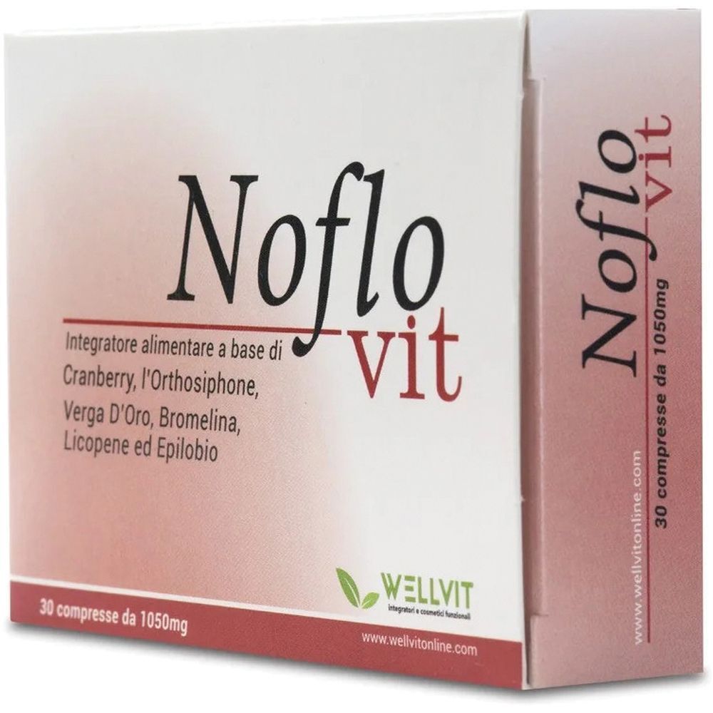 Confezione di "Noflovit". Scritta: 30 compresse, 1050mg. Contiene Cranberry, Orthosiphon, Verga D'Oro, Bromelina, Licopene ed Epilobio.