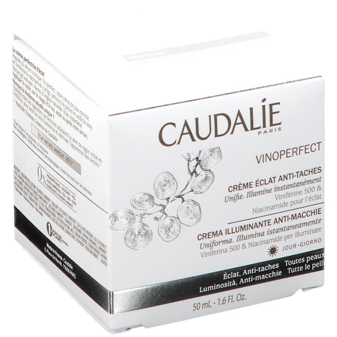 Scatola bianca con scritta CAUDALIE, VINOPERFECT, Crème Éclat Anti-Taches. Illustrazione di grappoli. 50 ml - 1.6 Fl. Oz.
