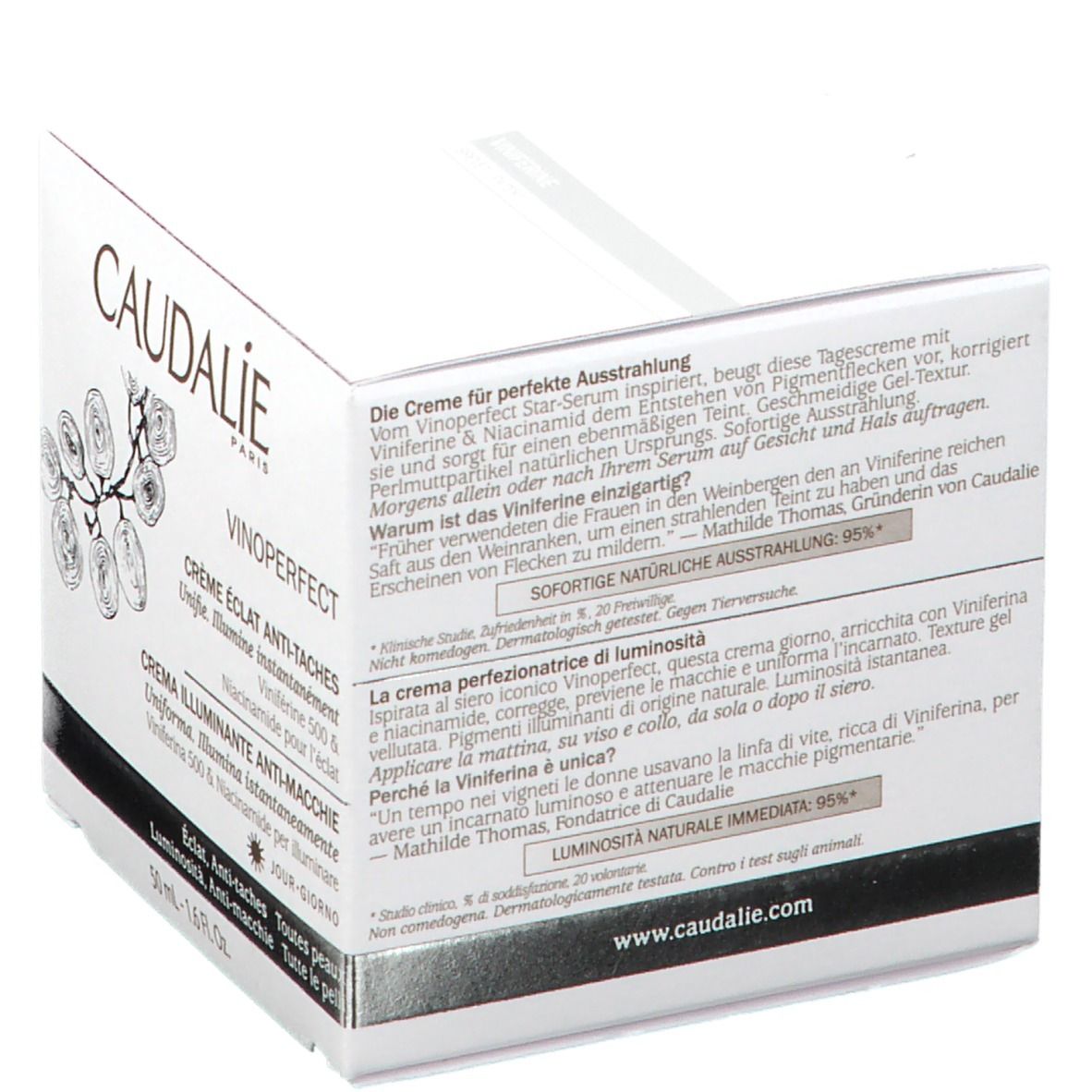 Scatola bianca con testo. Scritta CAUDALIE, VINOPERFECT, Crème Éclat Anti-Taches. Testo in tedesco e italiano.
