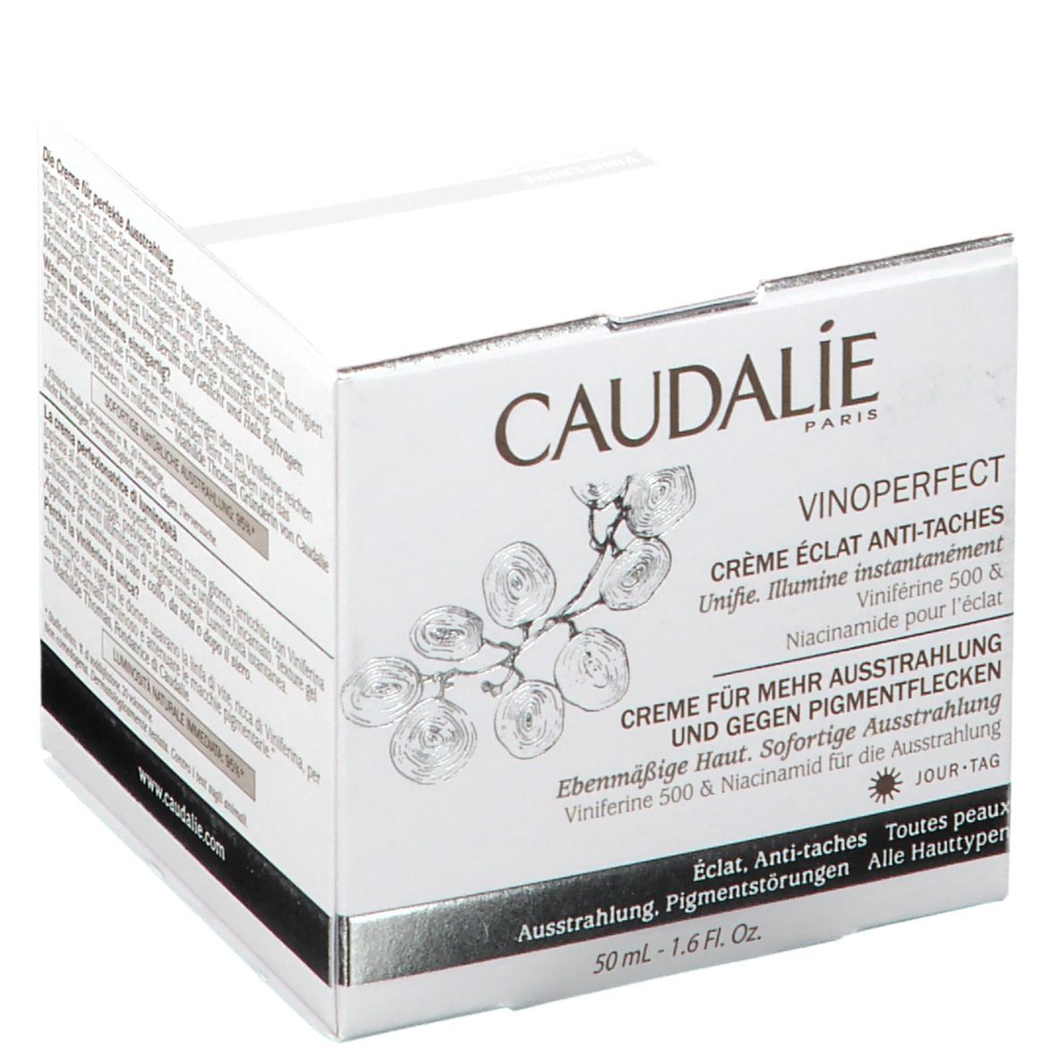 Scatola bianca con scritta CAUDALIE, VINOPERFECT, Crème Éclat Anti-Taches. Testo in tedesco e francese. 50 ml - 1.6 Fl. Oz.