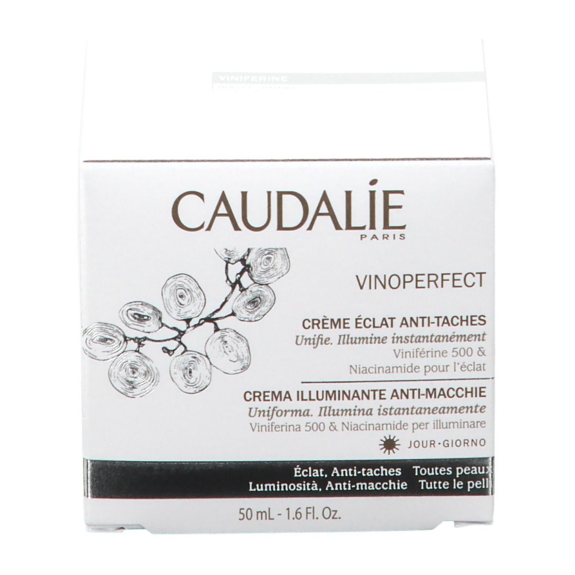 Scatola bianca con scritta CAUDALIE, VINOPERFECT, Crème Éclat Anti-Taches. 50 ml - 1.6 Fl. Oz. Per tutti i tipi di pelle.