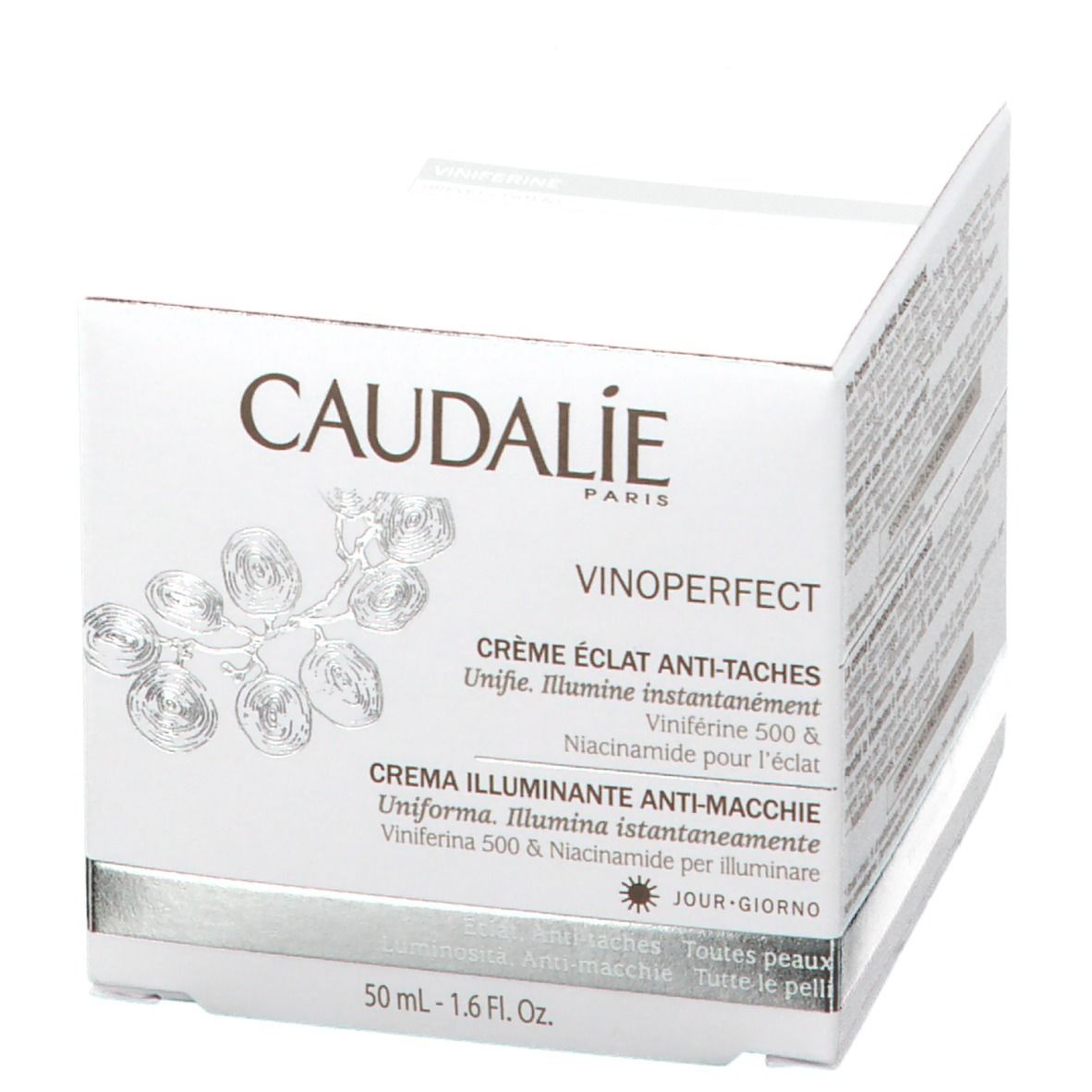 Scatola bianca con scritta CAUDALIE, VINOPERFECT, Crème Éclat Anti-Taches. 50 ml - 1.6 Fl. Oz. Per tutti i tipi di pelle.