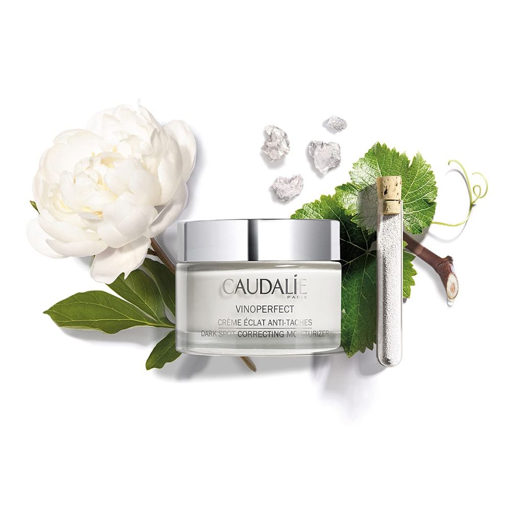Vasetto di crema circondato da fiore, foglie, uva e provetta. Scritta CAUDALIE, VINOPERFECT, Crème Éclat Anti-Taches.