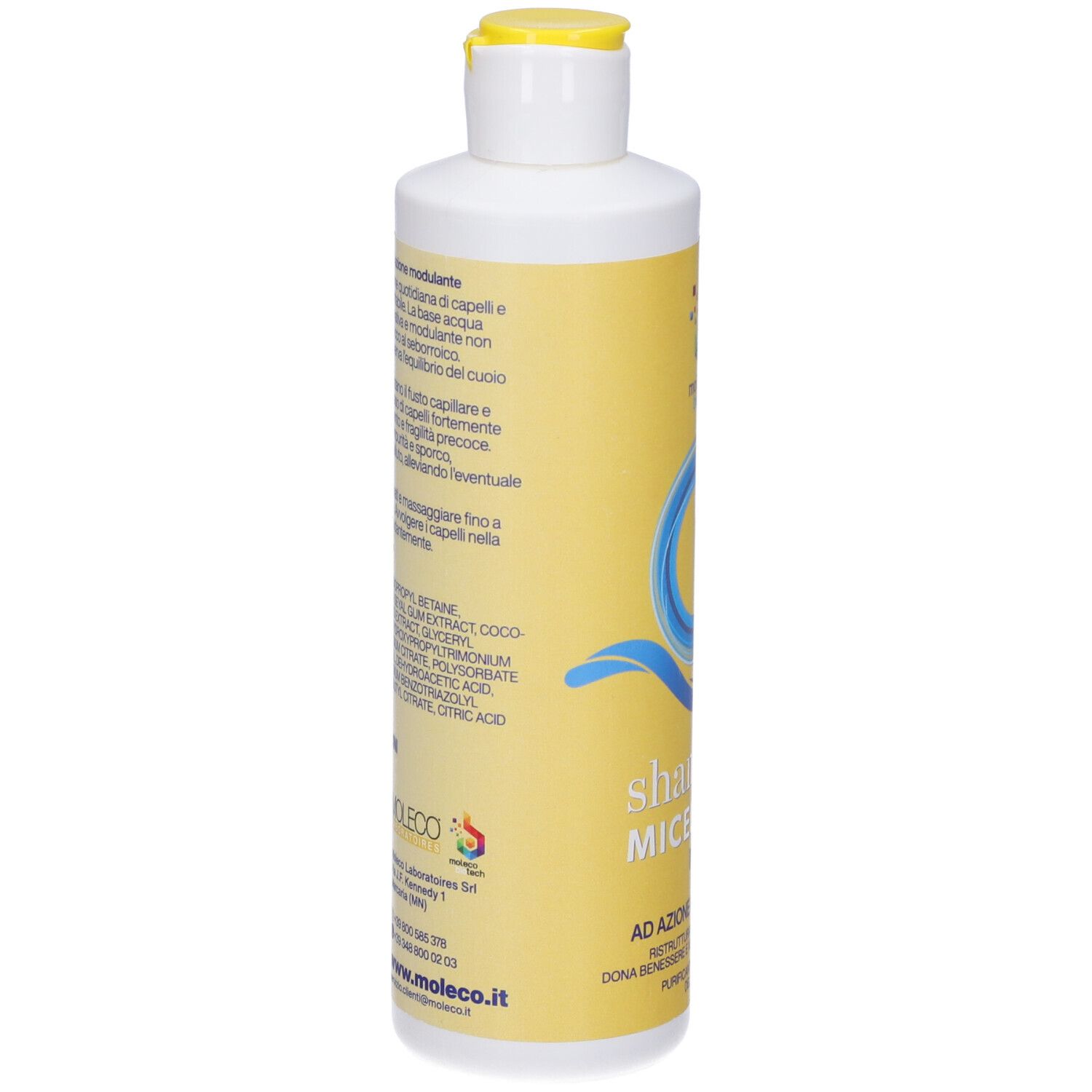 Retro del flacone giallo. Contiene testo con ingredienti e informazioni sul prodotto.