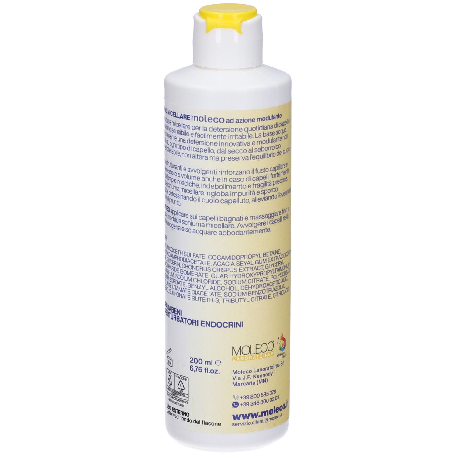 Retro del flacone giallo. Contiene testo con informazioni sul prodotto e ingredienti.