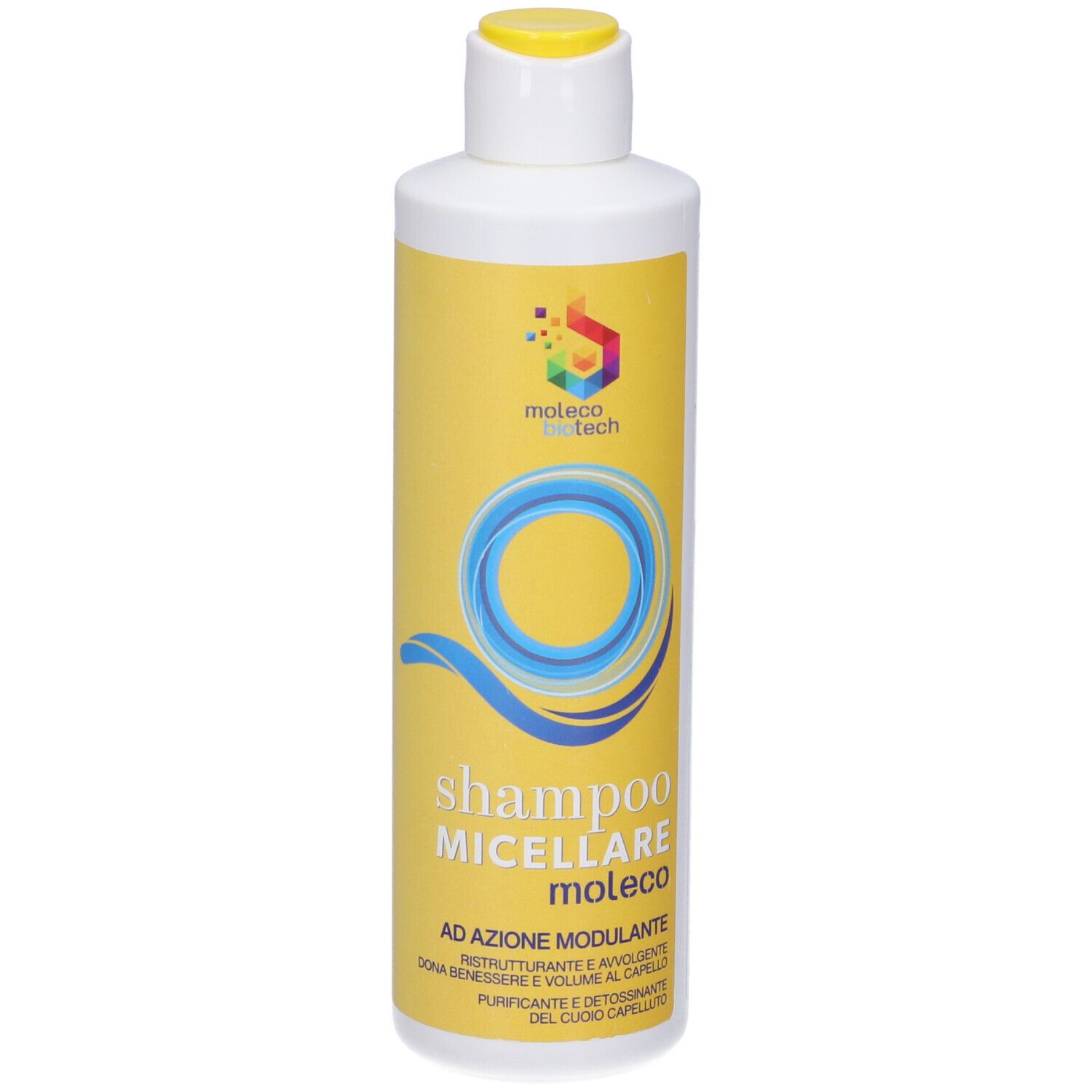 Flacone giallo con design blu e nome del prodotto. Contiene Shampoo Micellare Moleco.