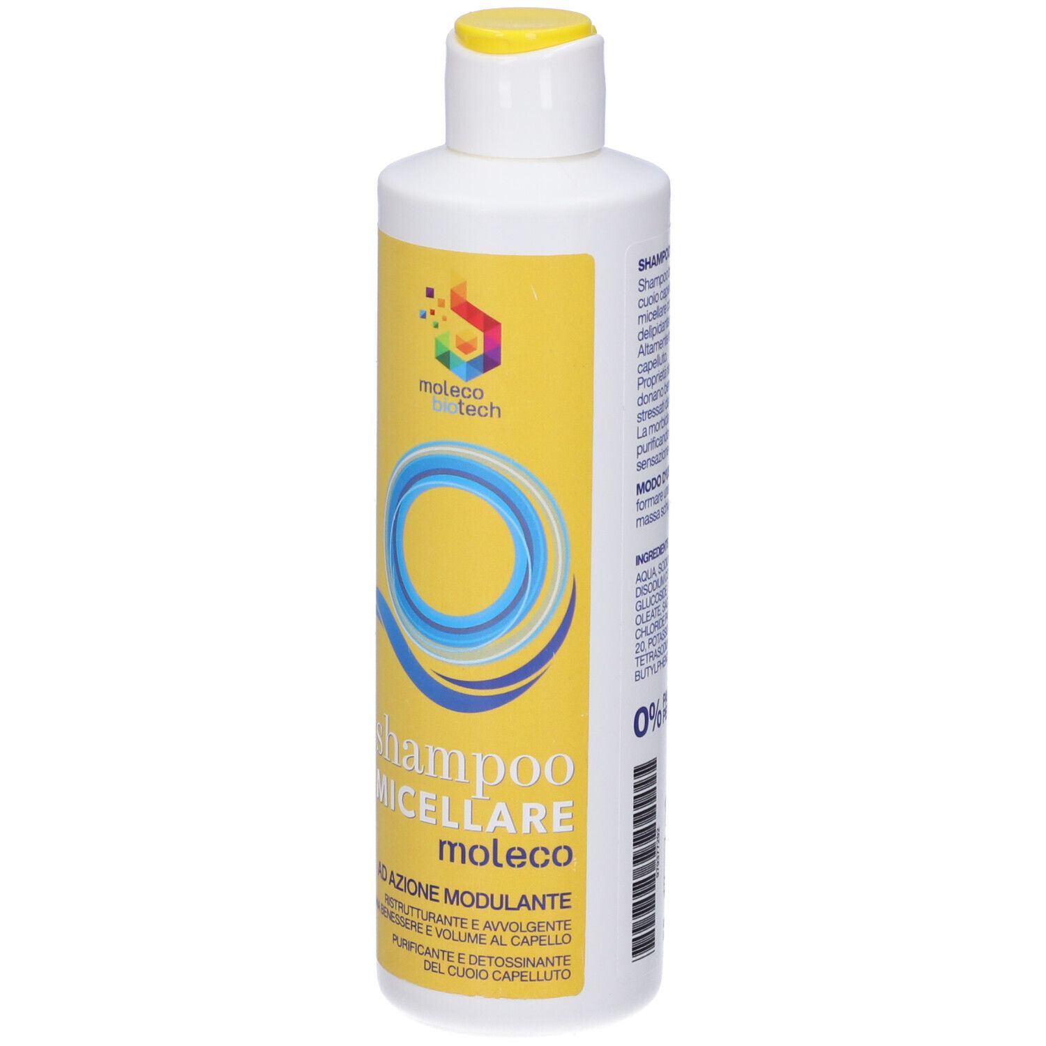 Flacone giallo con nome del prodotto e logo. Contiene Shampoo Micellare Moleco.