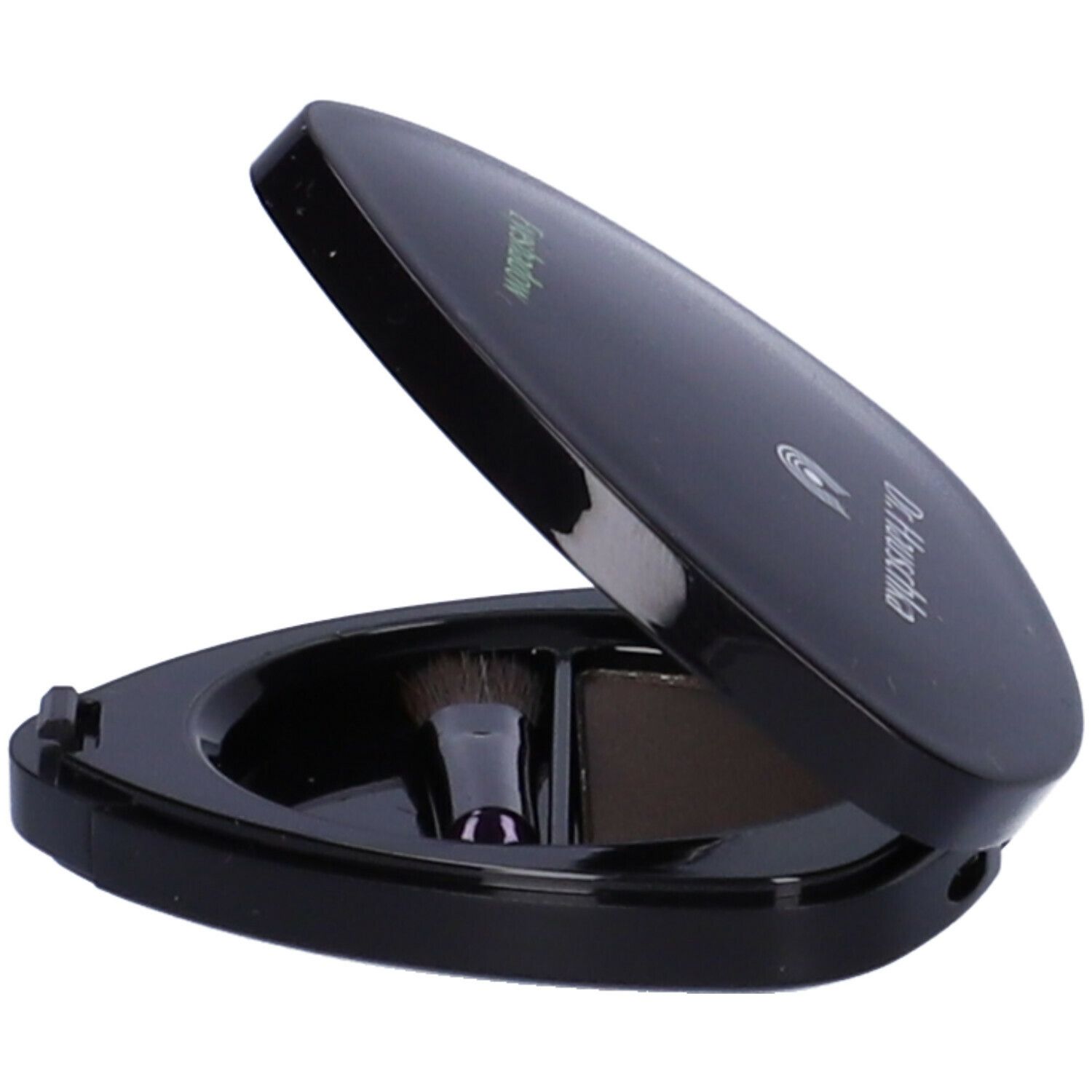 Contenitore nero di ombretto aperto. Contiene ombretto marrone e pennello. Marchio Dr. Hauschka.