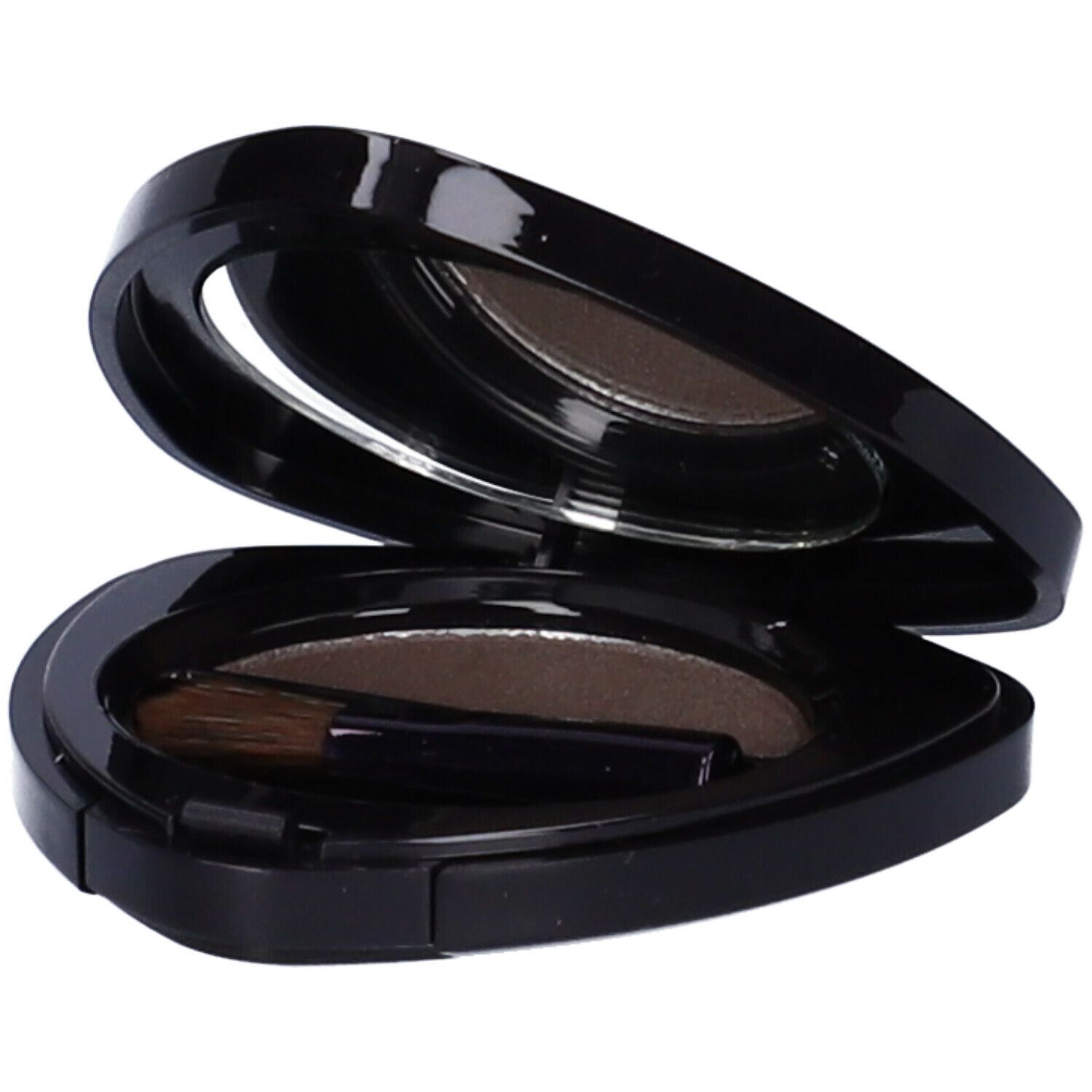 Contenitore nero di ombretto aperto con specchio, ombretto marrone e pennello.