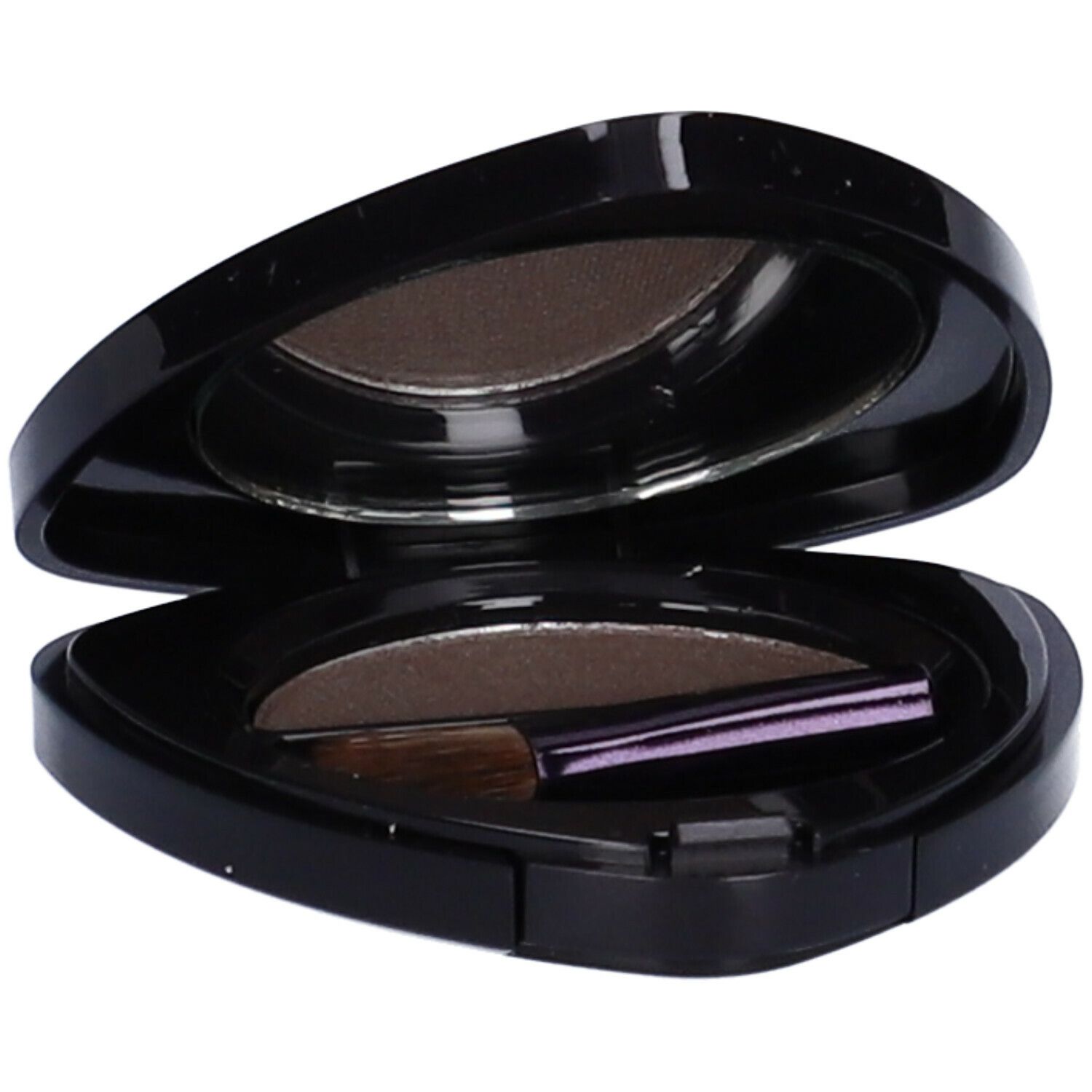 Contenitore nero di ombretto aperto con specchio, ombretto marrone e pennello.