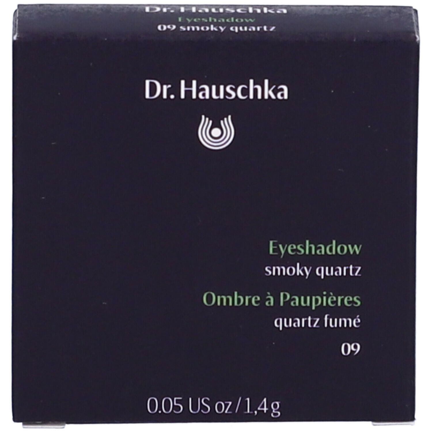 Confezione nera con informazioni sul prodotto. Marchio Dr. Hauschka. Contiene il nome del prodotto e il peso.