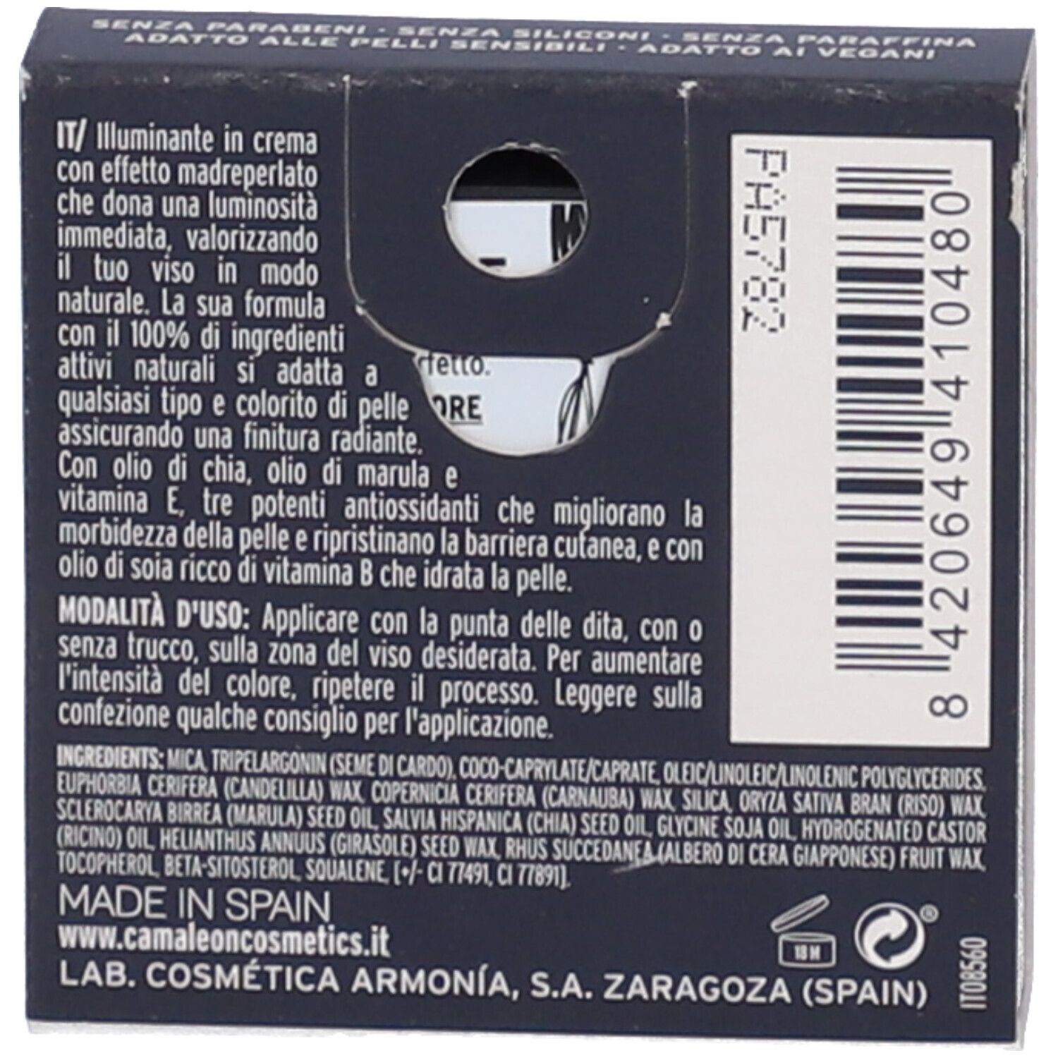 Piccola confezione quadrata del prodotto. Retro con testo in italiano ed elenco ingredienti.