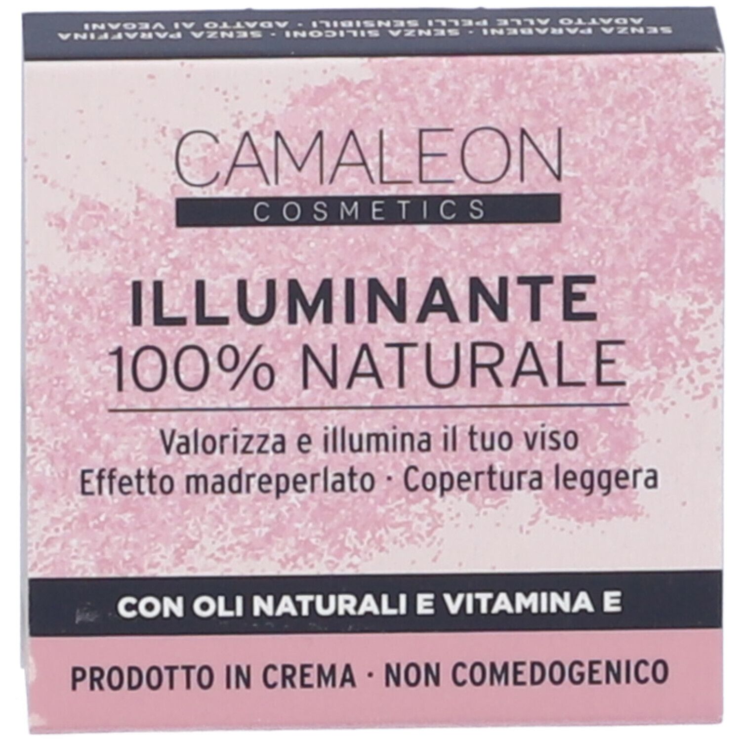 Confezione cosmetica rosa con testo: "Camaleon Cosmetics Illuminante 100% Naturale".